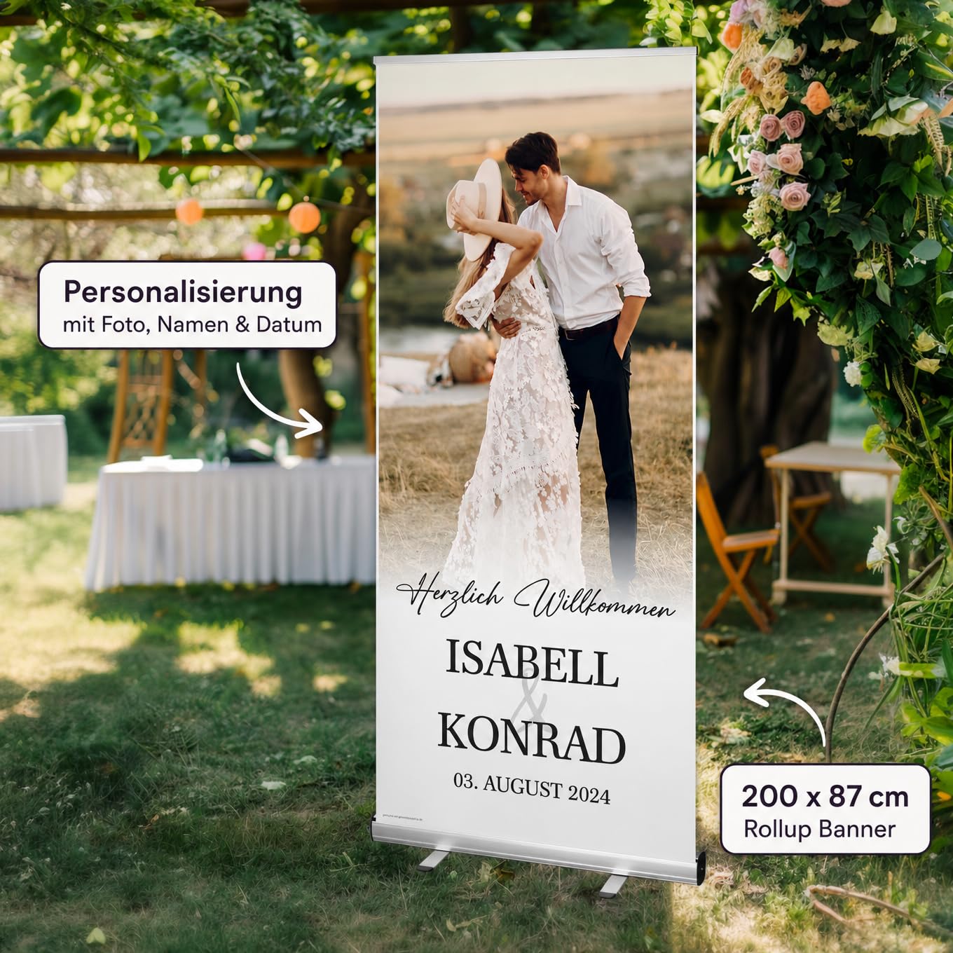 Herz & Heim® Hochzeitsbanner personalisiert mit Foto, Namen & Datum - Just Married Roll Up Banner - 200 x 87 cm Banner selbst gestalten als Geschenk Hochzeit Dekoration