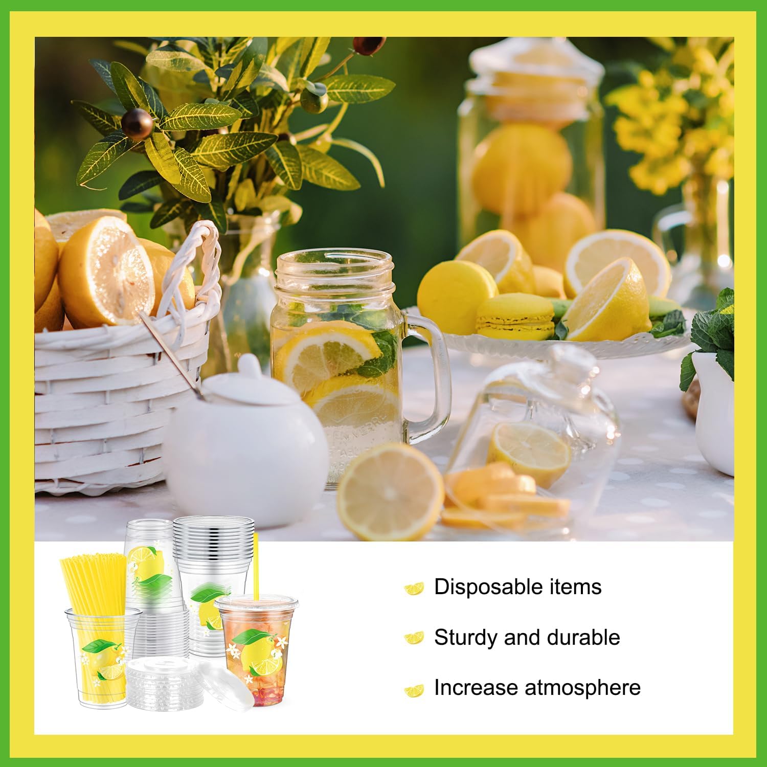 72Pcs Lemon Plastic Cups with Lids and Straws 12oz Lemonade Cups for Hawaii Pool Party Supplies Yellow Drinking Cups for Summer Fruit Birthday Party Supplies