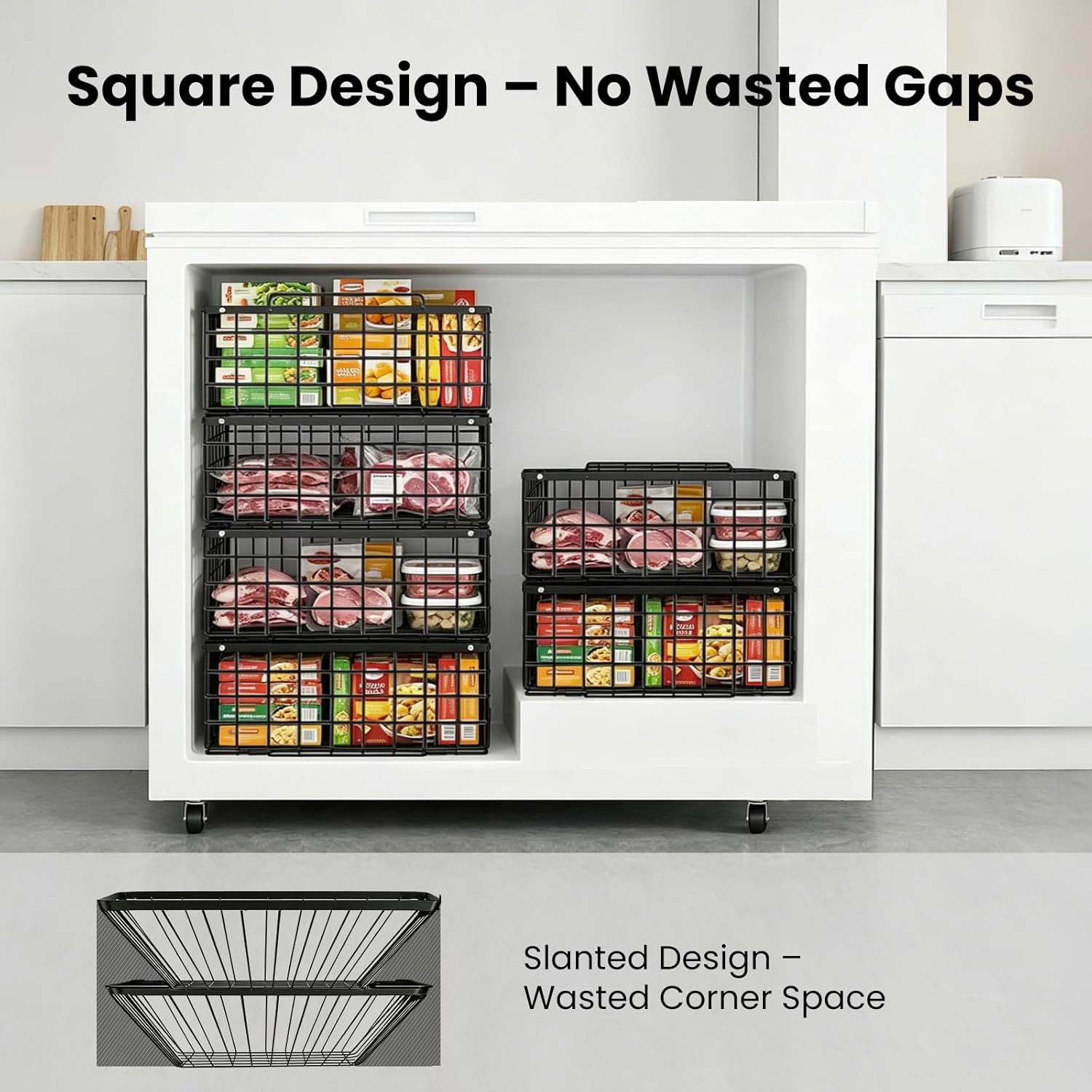 Reinforced Freezer Organizer Bins, 4 Pack Heavy Duty Metal Freezer Baskets, Stackable Deep Freezer Storage with Handles, Reinforced Wire Design, Maximize Chest Freezer Space