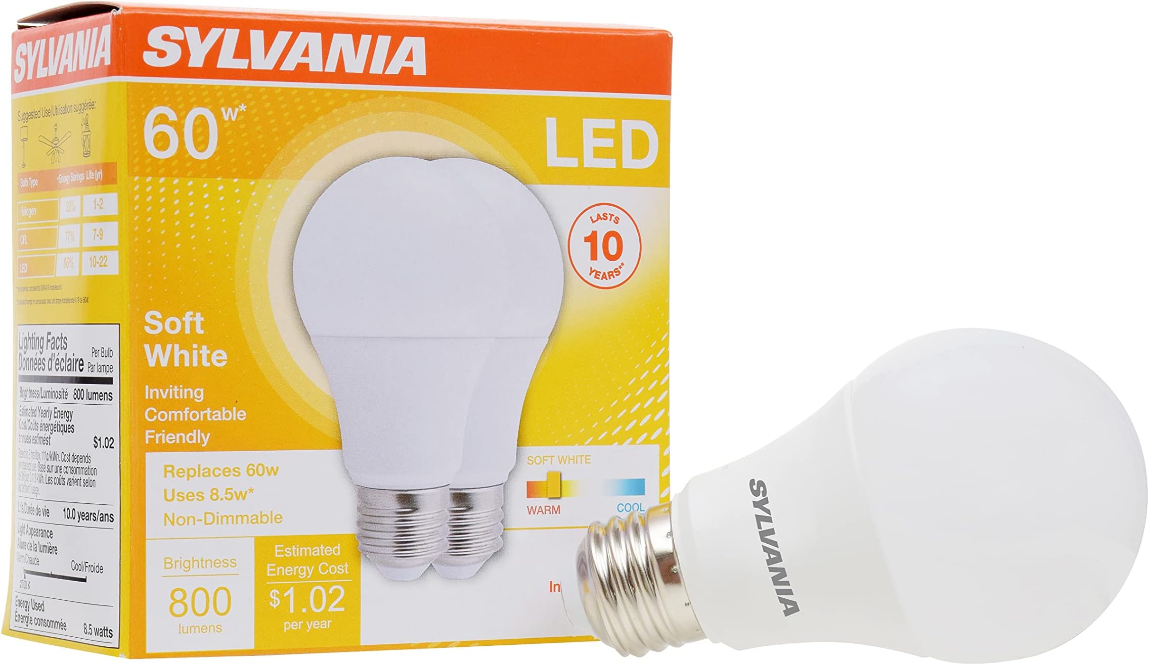 Sylvania LED Light Bulb, 60W Equivalent A19, Efficient 8.5W, Medium Base, Frosted Finish, 800 Lumens, Soft White - 2 Pack (73886)