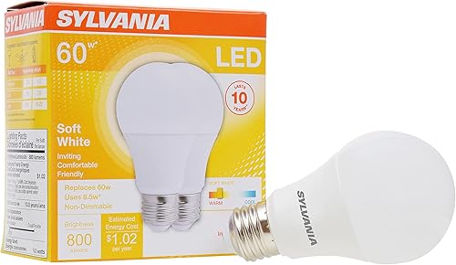 Miniatura 60 de Bombilla LED A19 SYLVANIA, 60 W = 8.5 W, no regulable, acabado esmerilado, 800 lúmenes, 2700K, blanco suave, paquete de 12 (74469)