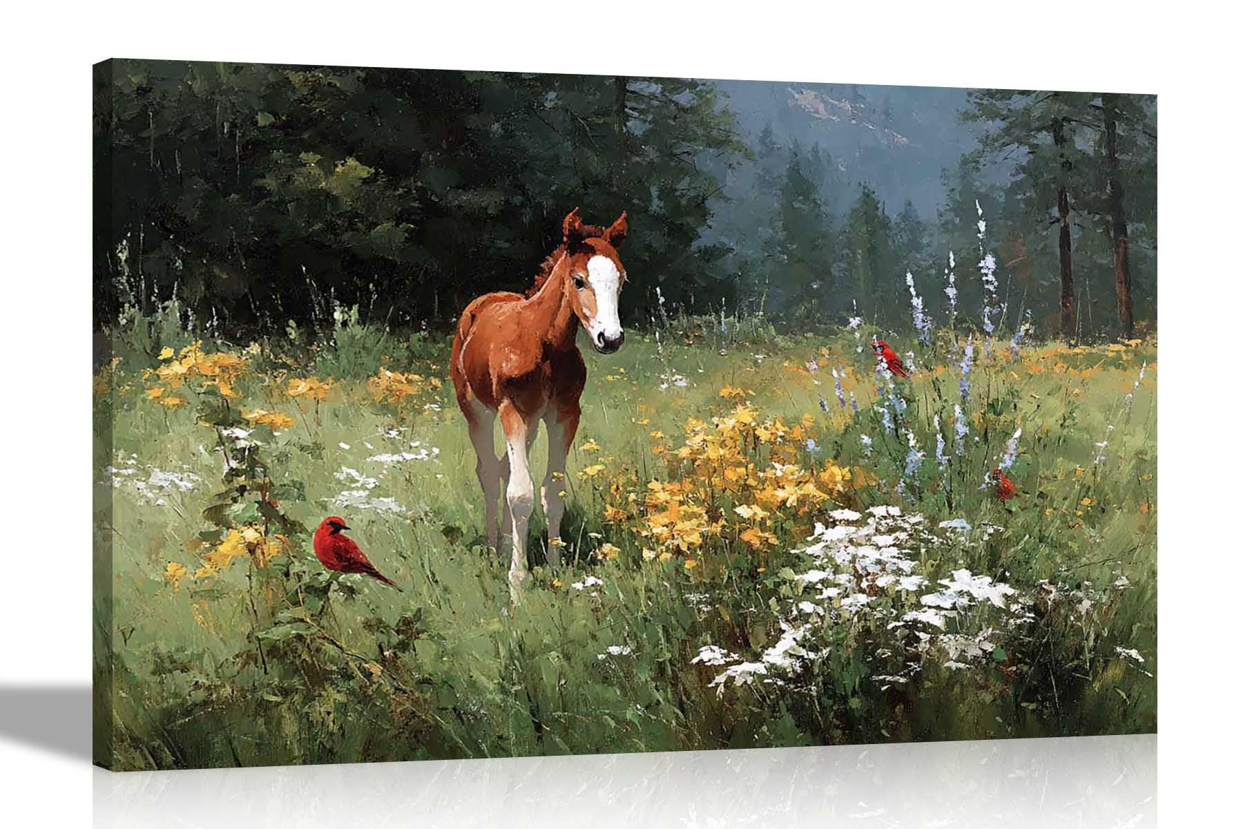 Artley Prints Wild Horse In Forest - Meadow Landscape Horse And Birds Canvas Wall Art Flower Pictures Home Conservatory Garden Prints Ready To Hang 51 X 35Cm (20 X 14 Inches)