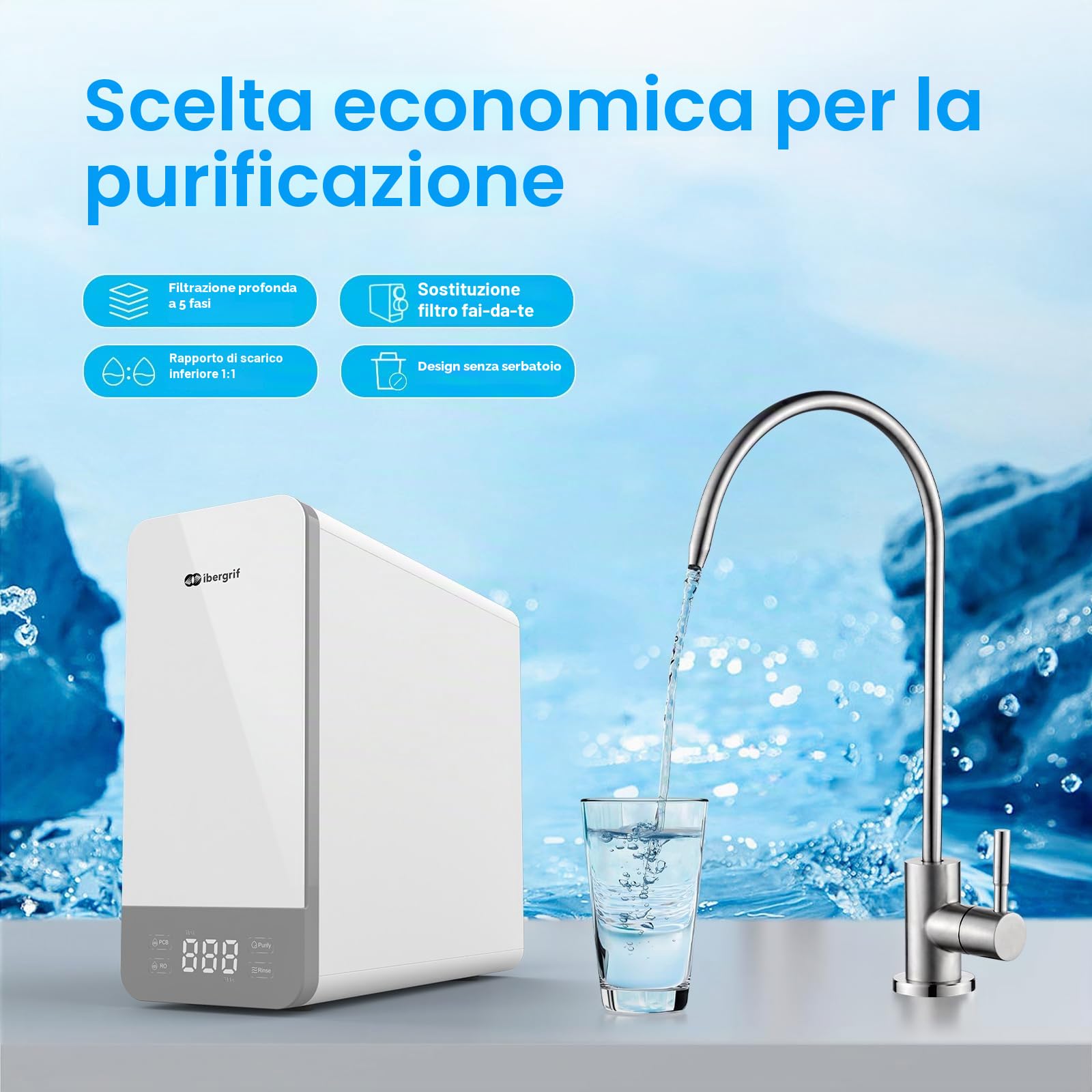 Ibergrif M91008-600 Sistema di osmosi inversa sotto il Lavello, senza serbatoio, Filtrazione profonda a 5 stadi, Riduce TDS, PFAS, Installazione rapida, Bianco