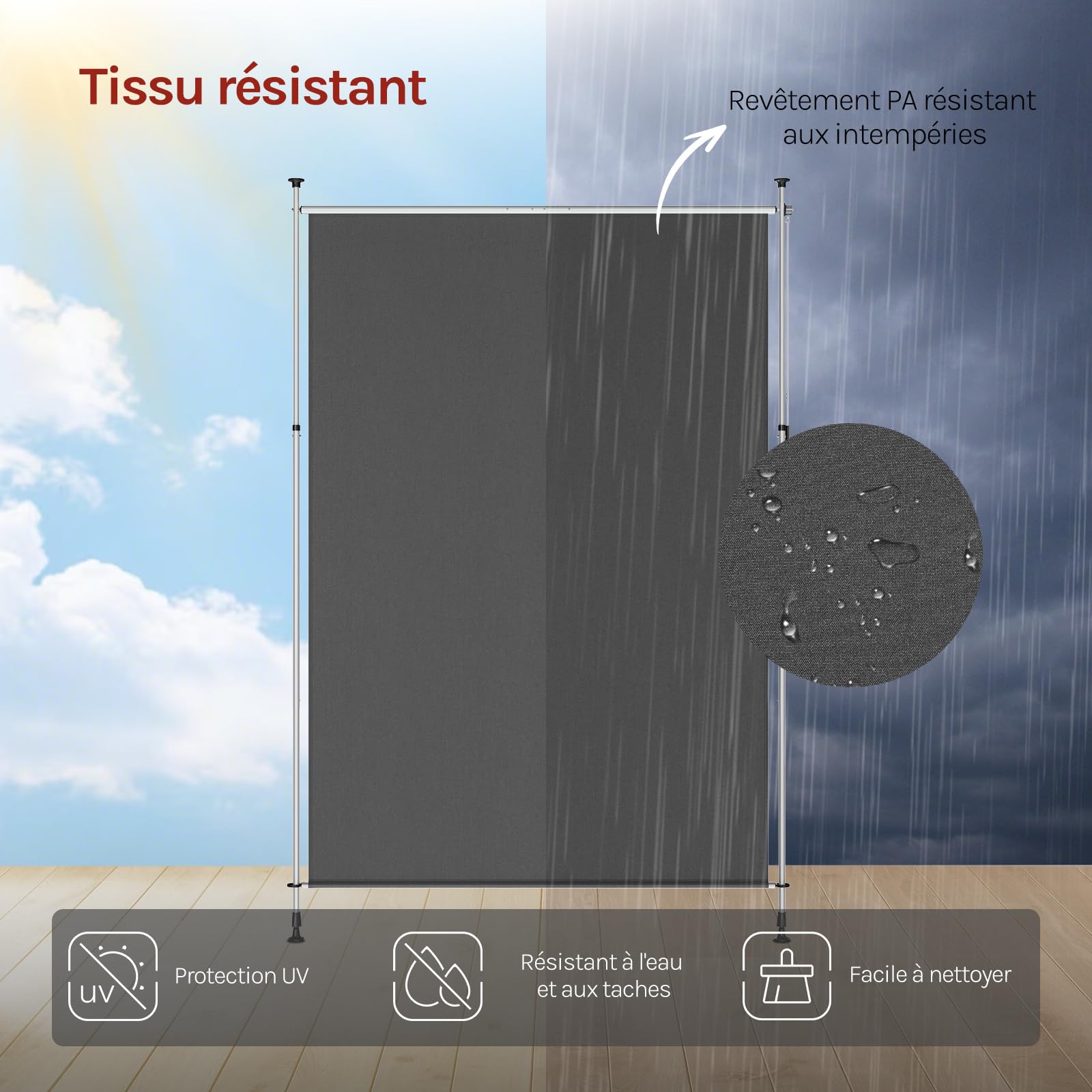 WOLTU Store Vertical Rétractable avec Manivelle, 200x310 cm, Brise-Vue Vertical Balcon, en Tissu Opaque, Protection Solaire, Résistant aux Intempéries, Montage sans Perçage, en Gris