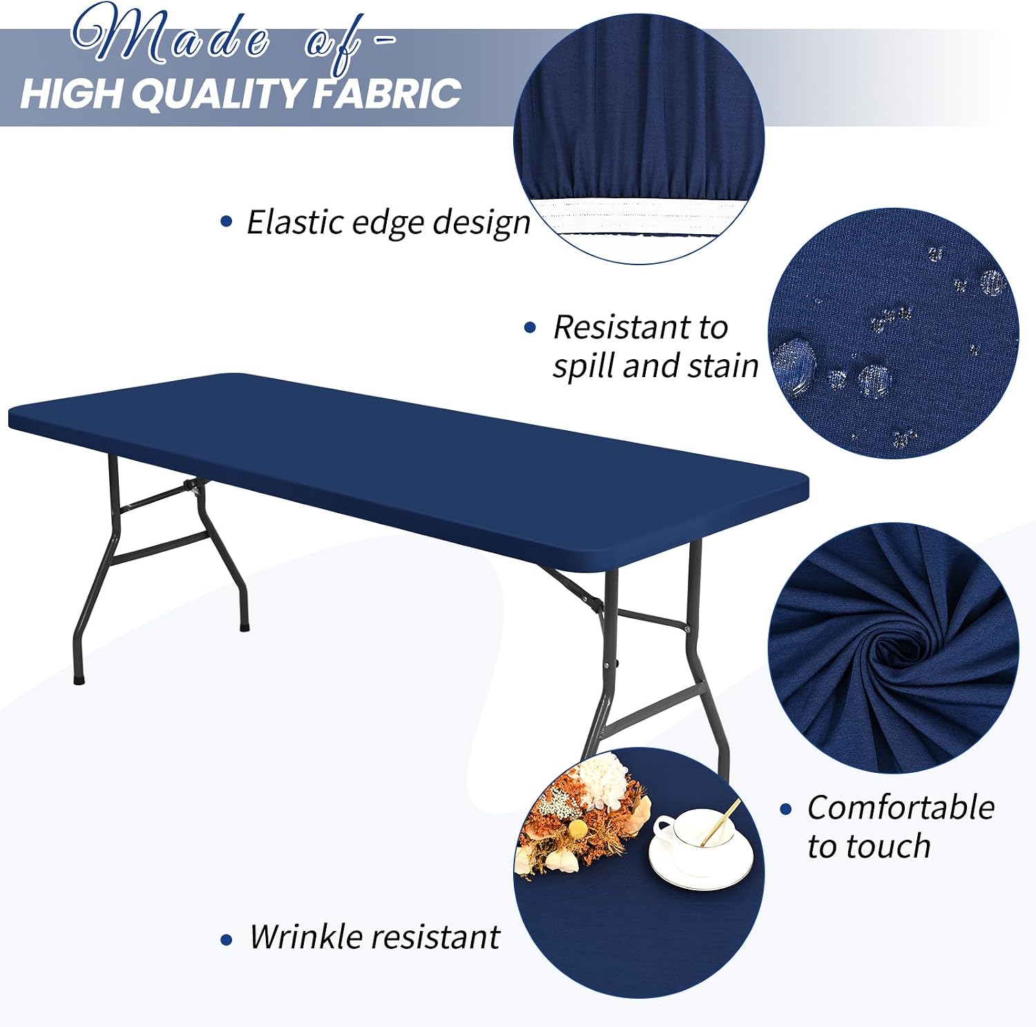 10 Pack Stretch Fabric Table Top Cap Cover, fits 6Ft Tables, Spandex Table Covers Washable Elastic Universal Rectangle Tablecloth Protector for Outdoor Party Picnic Wedding, Navy Blue, 30" W x 72" L