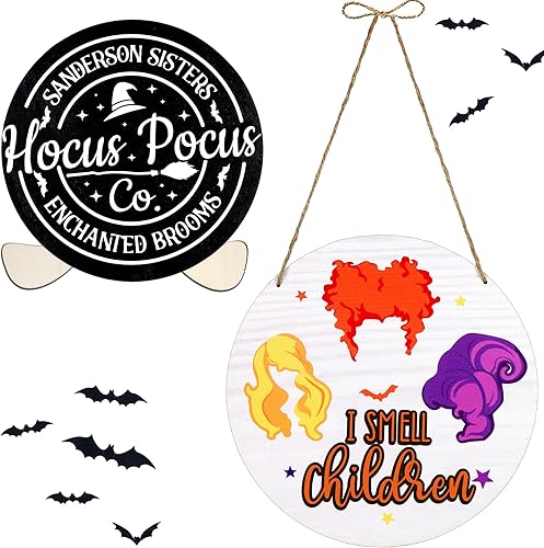 Jouierty 2 letreros de madera para colgar en la puerta de Halloween, con texto en inglés "I Smell Children", para porche, brujas, hermanas, puerta