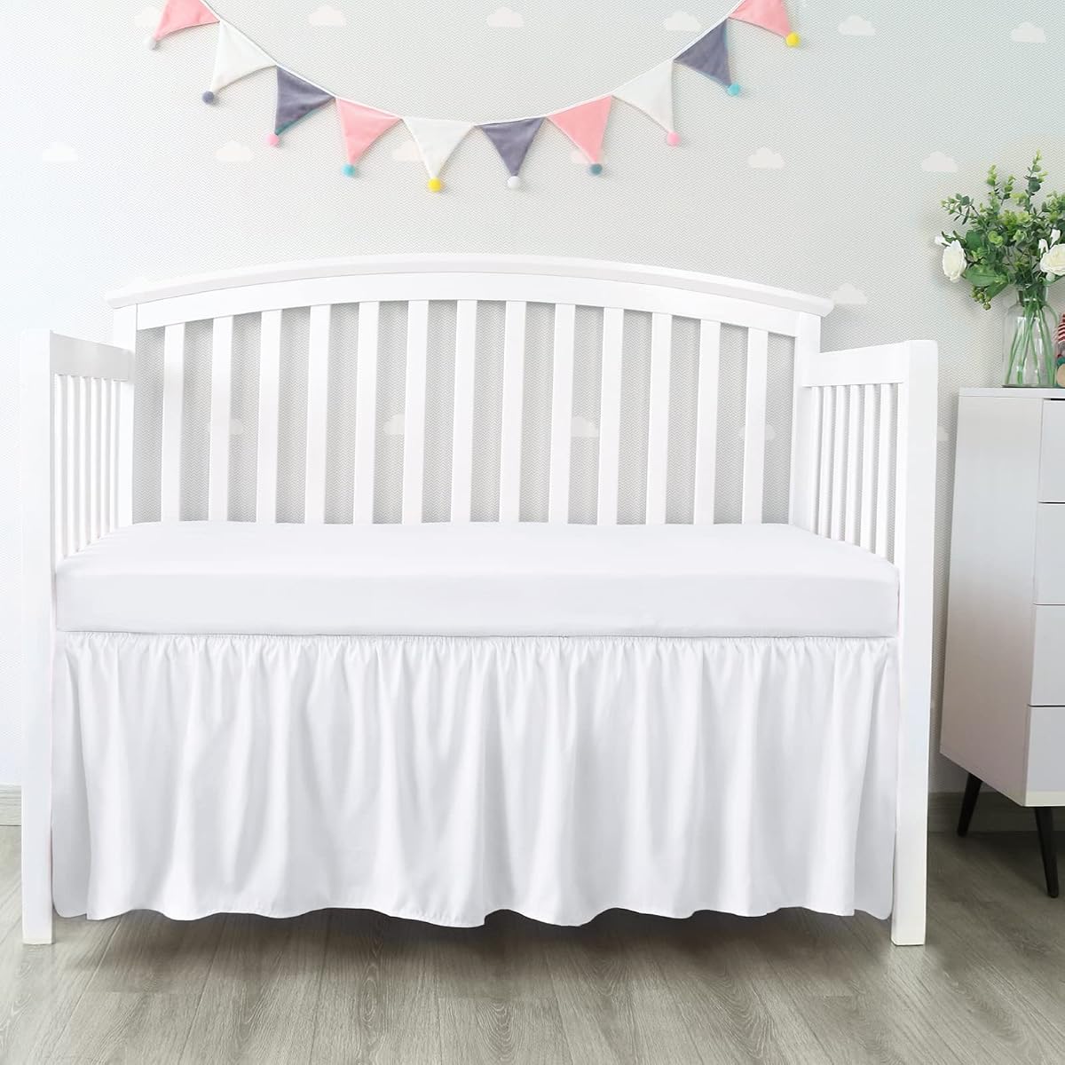 Crib Bed Skirt 14" Drop, Fits 28"x52" Crib, Adjustable, White | 4-Sided Design, Adjustable Elastic Straps, Soft Polyester, Fade & Shrink Resistant, Machine Washable, Fits Standard Cribs
