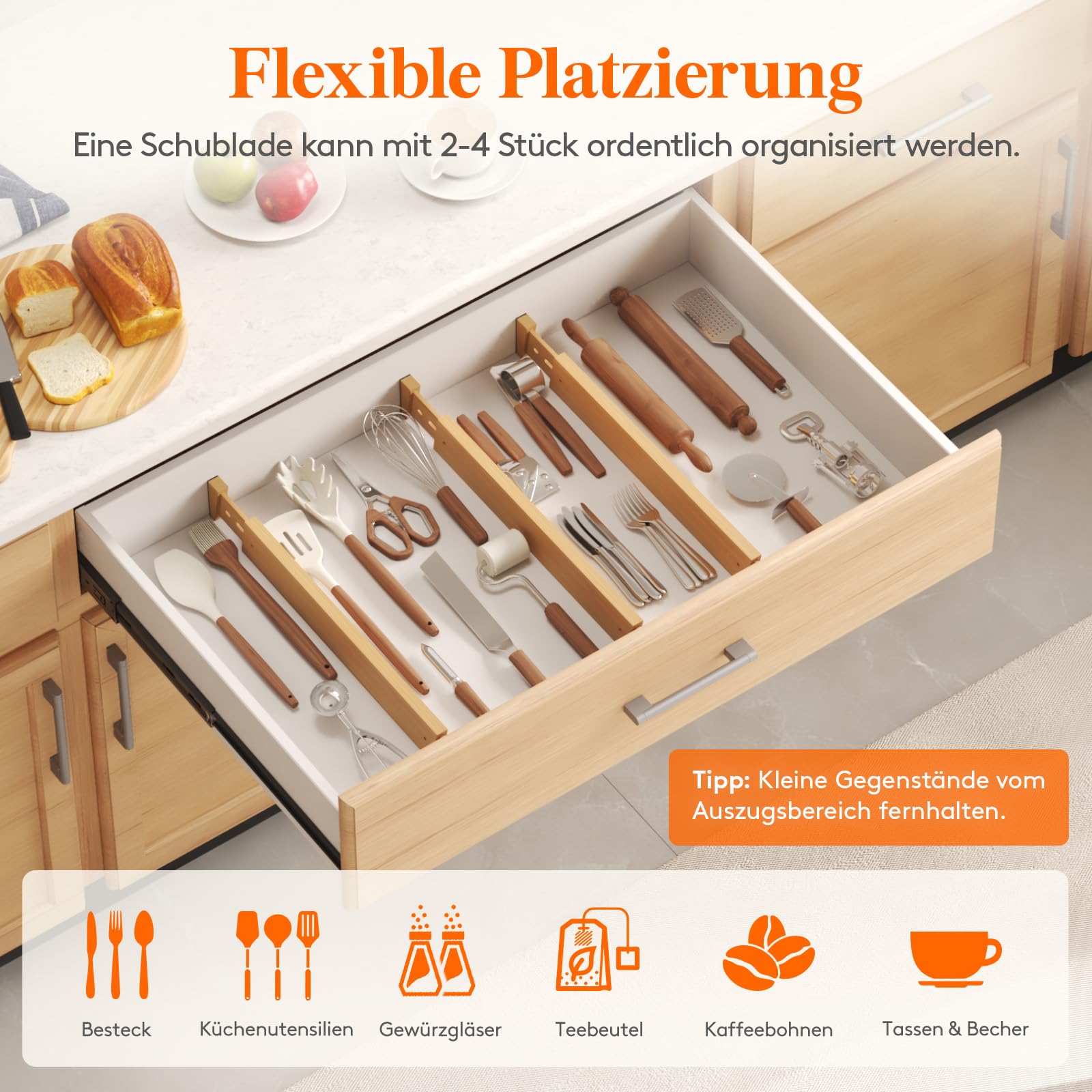 Lifewit 6er Schubladentrenner Verstellbar für Innenlänge 42–56cm&Höhe>6cm | Bambus Schubladen Organizer Ordnungssystem für Küche Kleiderschrank Schreibtisch Kommode Büro, Flexibel, Rutschfest, Stabil