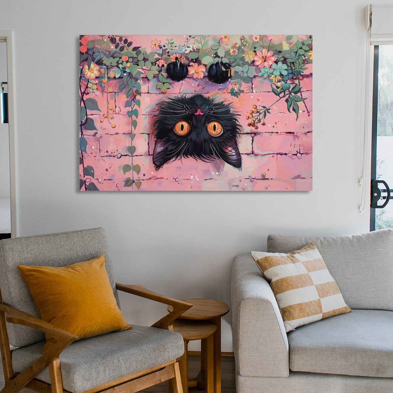 絵画。壁掛け原画【ピンクのピアノ童話とかわいい黒猫】 Amazon.co.jp: 絵画 ピンクの壁に逆さまにぶら下がっている黒猫 アート