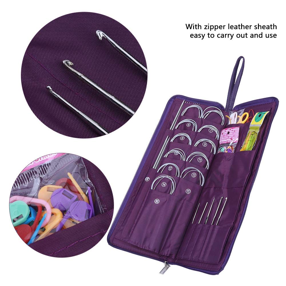 Kit de tejer 104 piezas, agujas de tejer circulares rectas de acero Juego de herramientas de tejido de gancho de ganchillo con bolsa de pu para principiantes, amantes del ganchillo experimentados