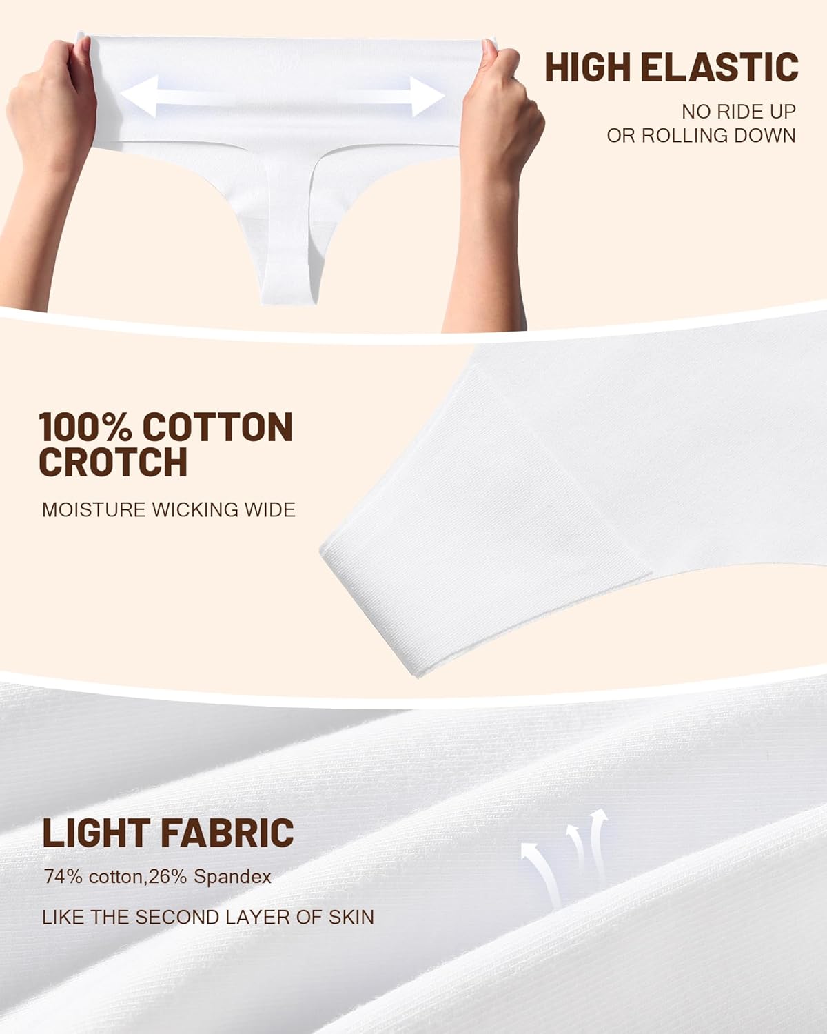 Cotton Thongs for Women High Waisted Seamless No Show Thong Stretchy Comfort Panties S-XL - Image 3