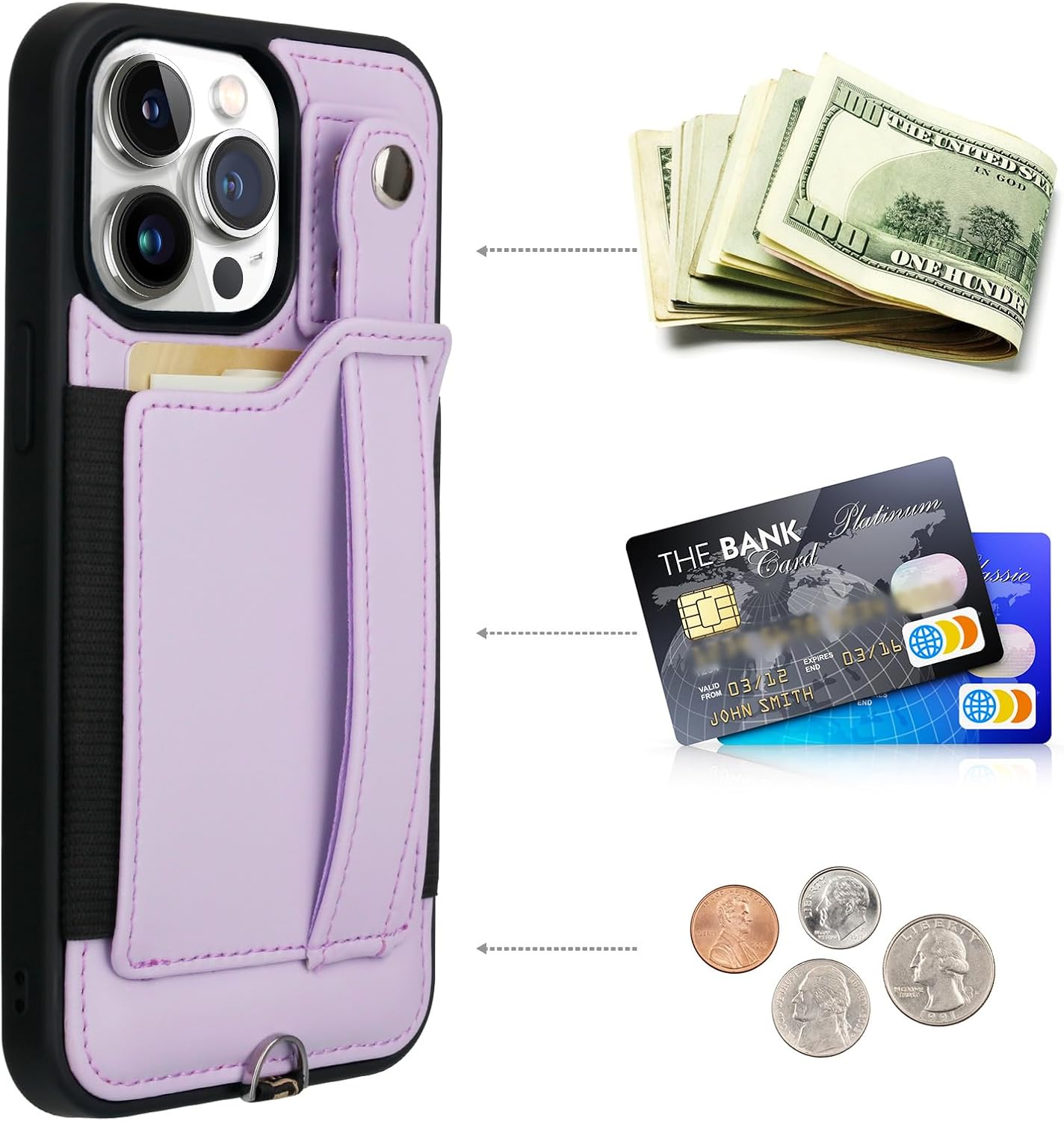 TOOVREN Phone Cover for iPhone 15 Pro Wallet Case with Card Holder Stand Neck Strap PU Leather Cover Fits iPhone 15 Pro Case with Wallet Lanyard Kickstand Detachable for Women Men 6.1 inch Purple