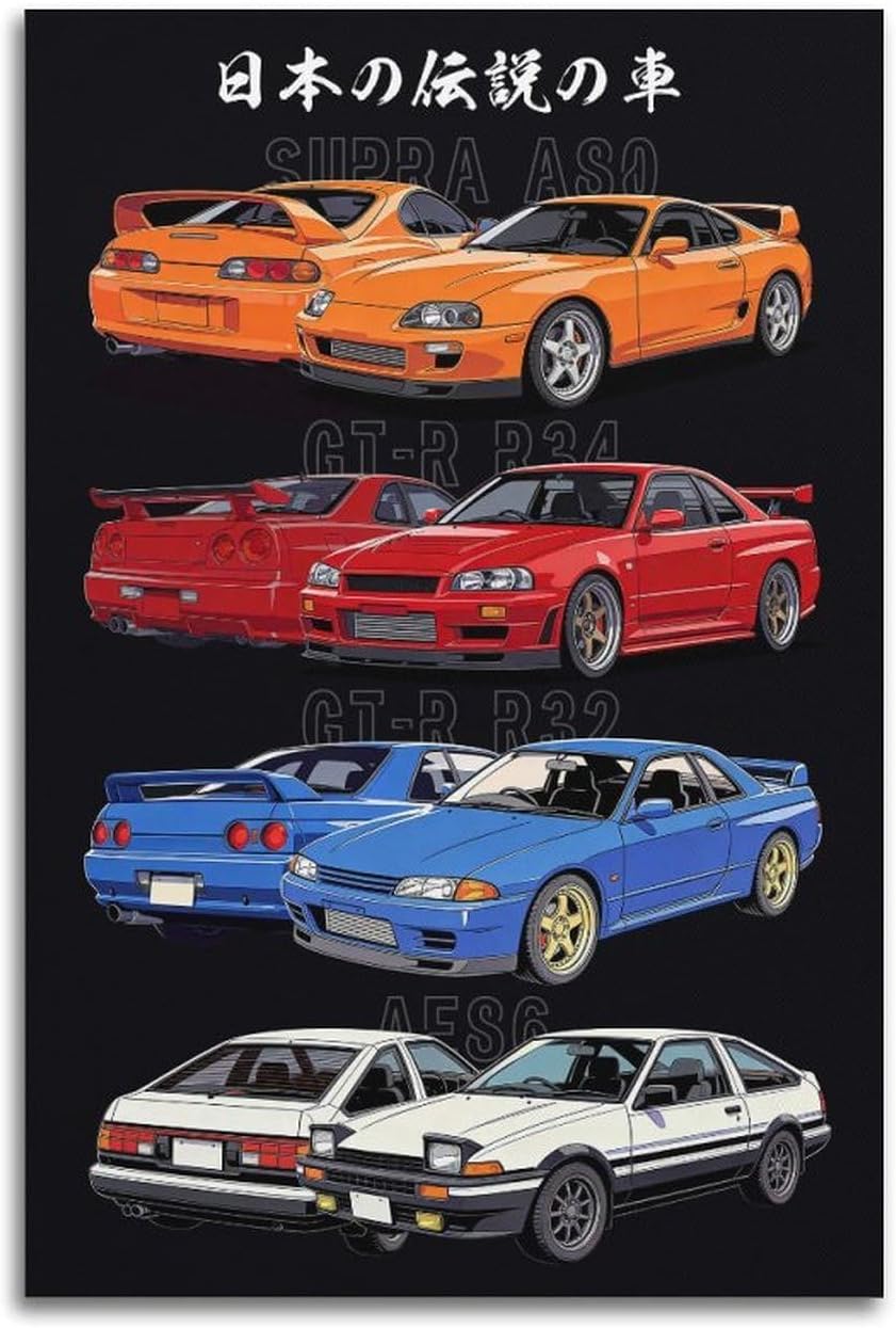 LINWDSB Japanese Legendary JDM Sports Cars Poster - Retro Anime Wall Art (Supra A80, Skyline GT-R R34R32, AE86) - Classic Japanese Car Decor for Garage Man Cave Frame-style-2 16x24inch(40x60cm)