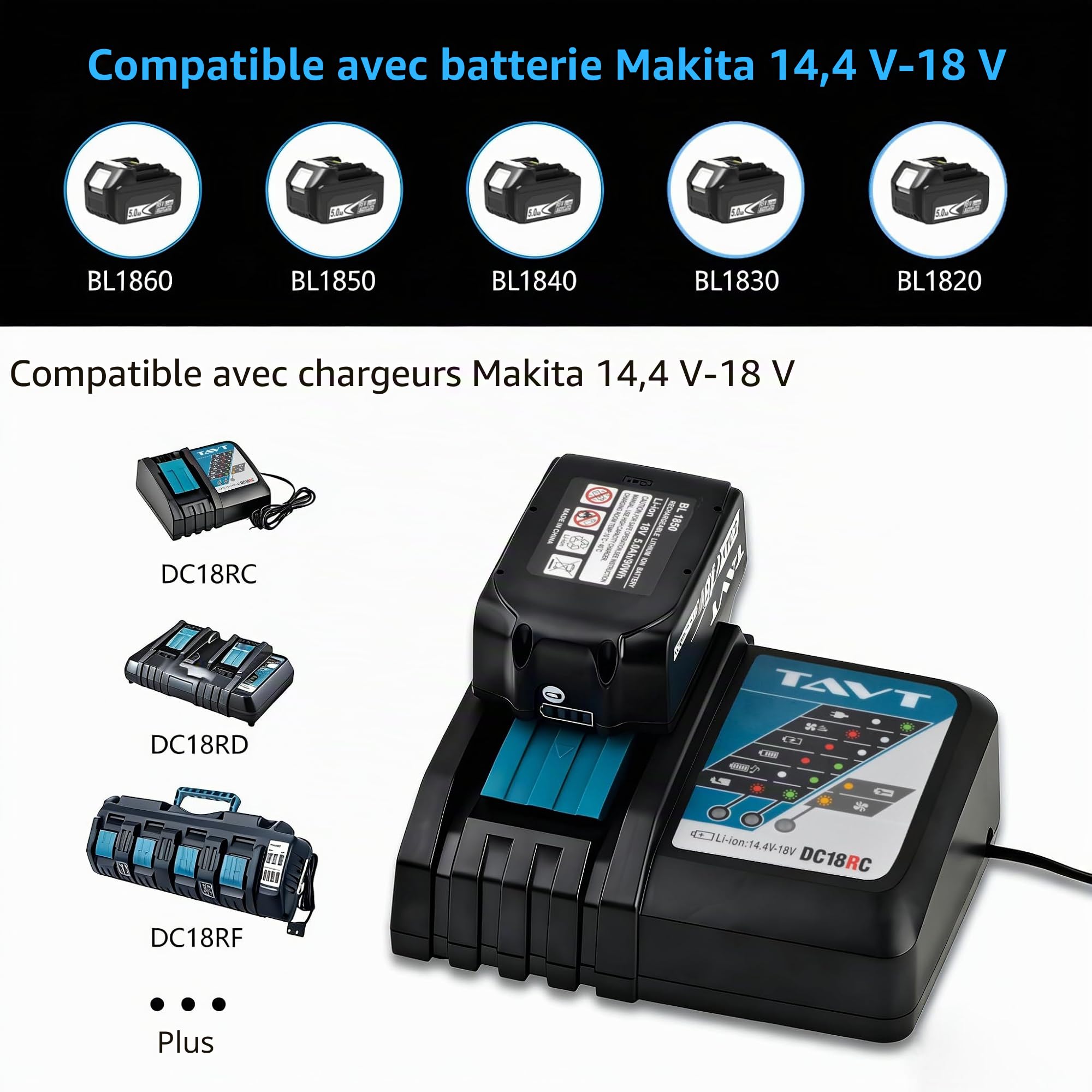 Lot de 2 batteries 18 V 5 Ah BL1850 et DC18RC chargeur compatible avec batterie Makita 5.0ah 18V BL1850B, BL1860, BL1860B, BL1840, BL1830, BL1820