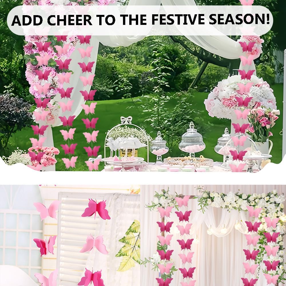 4Pcs Large Butterfly Paper Garland Butterfly Curtain Hanging Paper Flower Butterfly Banner Hanging Decoration for Halloween Birthday Party Baby Shower Wedding Showcase Decoration （Pink/HD） - Image 6