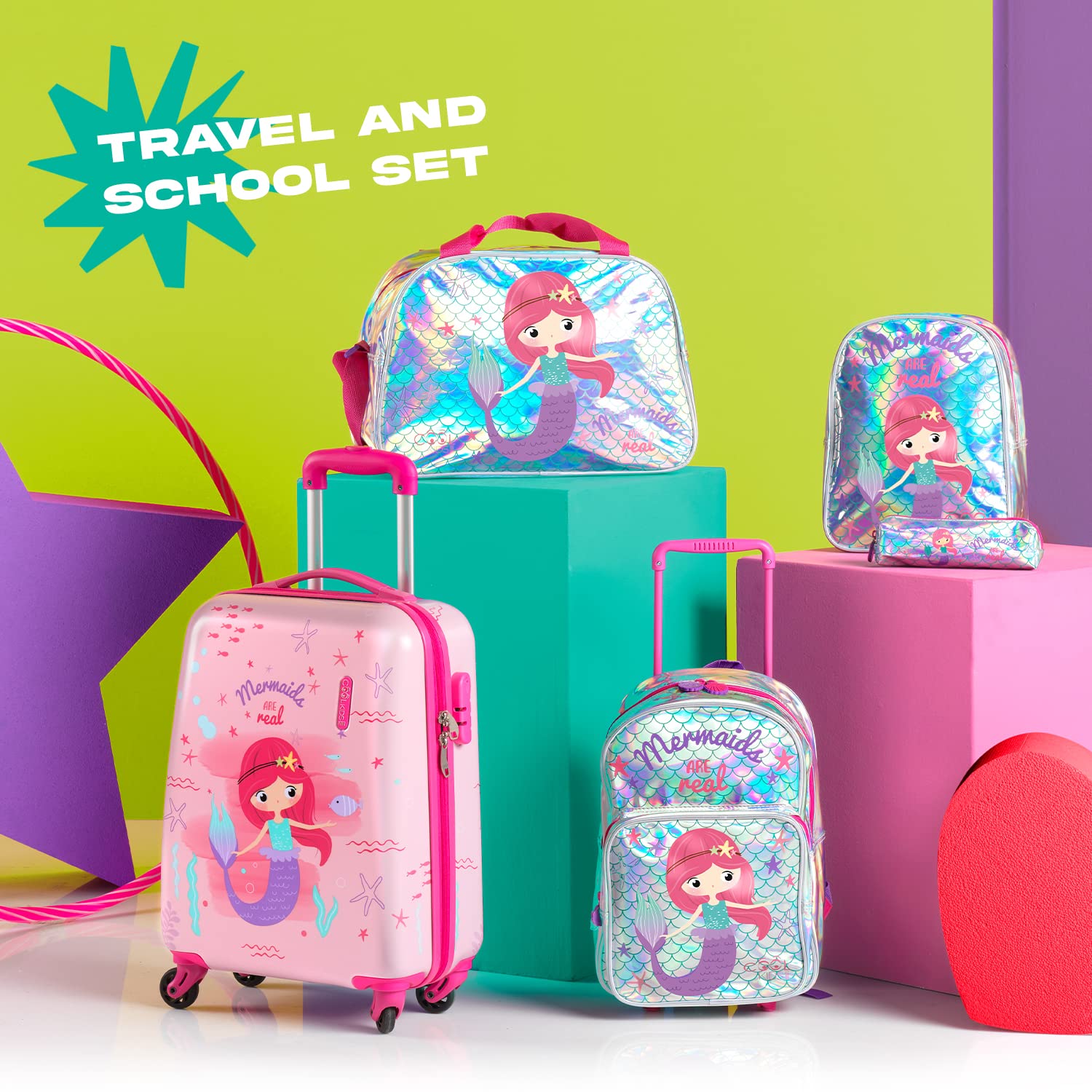 PERLETTI Petit Sac à Dos Roulette Sirène pour Fillette 2/5 Ans - avec Roues Amovibles - pour École Maternelle avec Grande Poche - 36x26x15 cm, Argent