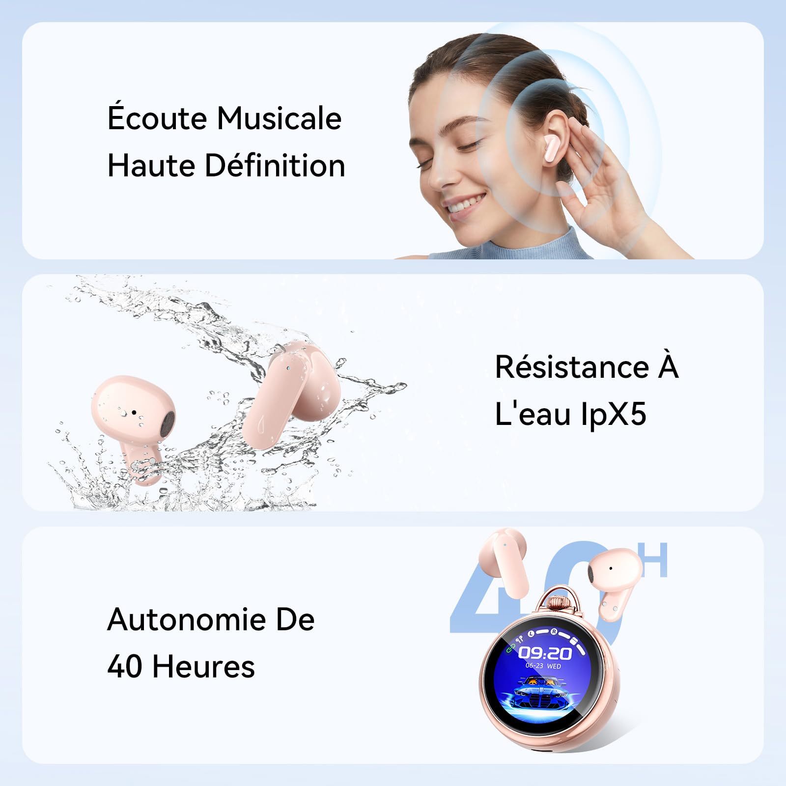 NE71 Ecouteur Traducteur Instantané, AI Écouteur Traducteur avec 165 Langues, 9 Modes de Traductio,Ecouteur Bluetooth 6.0Casque pour Voyage, Réunion, Étude (Rose)