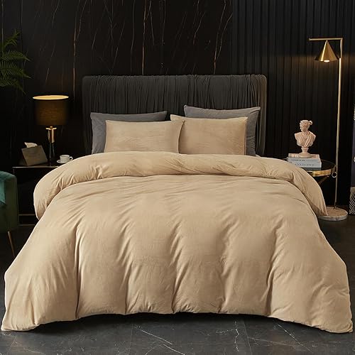 Ivellow Juego de funda de edredón de terciopelo tamaño Queen, funda de edredón de terciopelo caqui, funda de edredón tamaño Queen, 3 piezas, funda