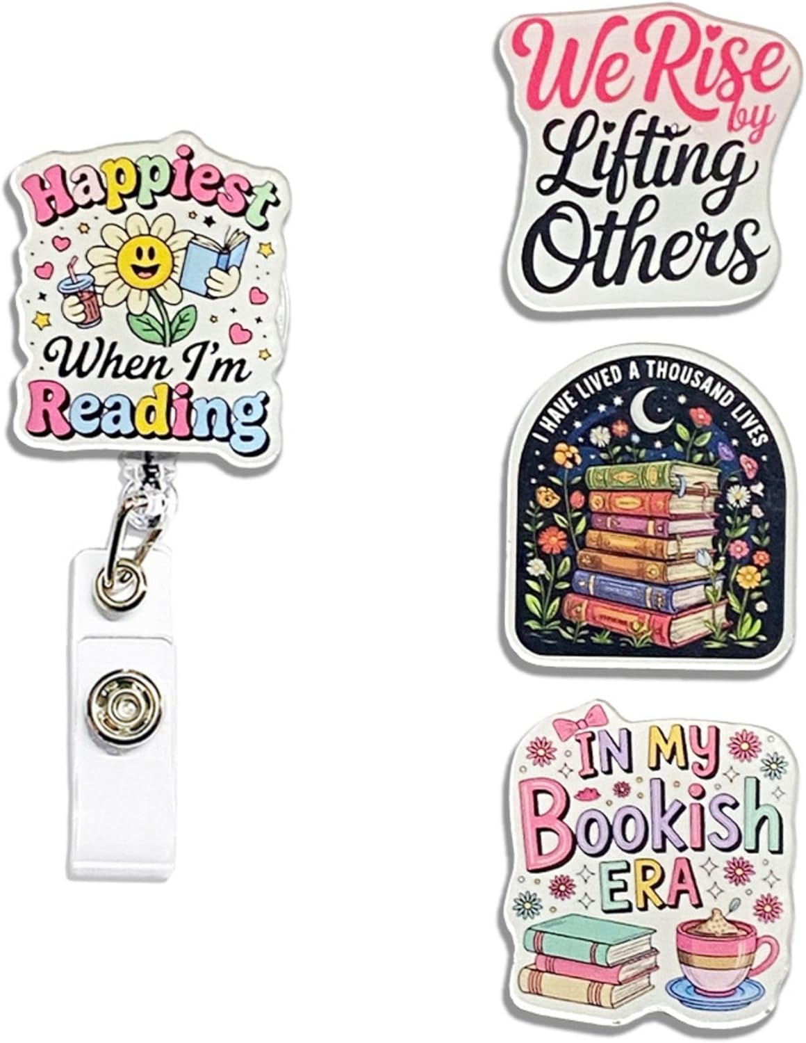 (4PCS) Happiest When I'm Reading Badge Reels Retractable, Name Badge Holder Reel ID Clip, Readers Book Lover Bookish Booktok Pediatric Decorative Gifts for Readers Nurses Office Worker Teacher Student