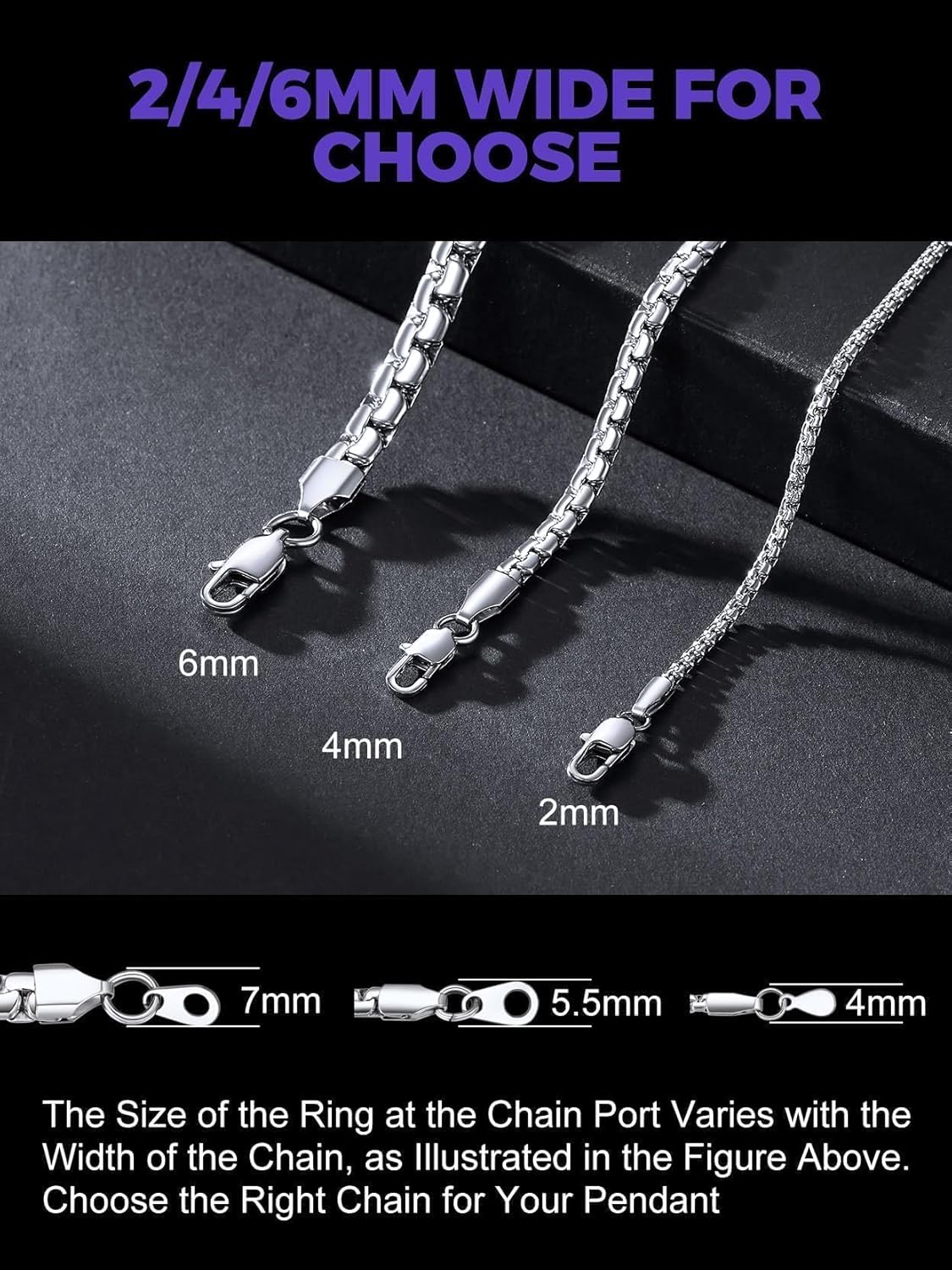 Richsteel Stainless Steel Mens Flat Link Chain Necklace, Black/Gold/Steel Chain for men, 2mm/4mm/6mm Width, No Tarnish & Hypoallergenic Hip Hop Jewelry, 18"-30" Length