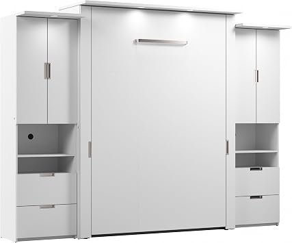 Bestar Lumina 114W Queen Murphy Bed with 2 Storage Cabinets in White, Sleeping Arrangement with Drawers | 2 Storage Cabinets; supports up to 1000 lb; min. ceiling height 88.4 in.; dual piston mechanism;
