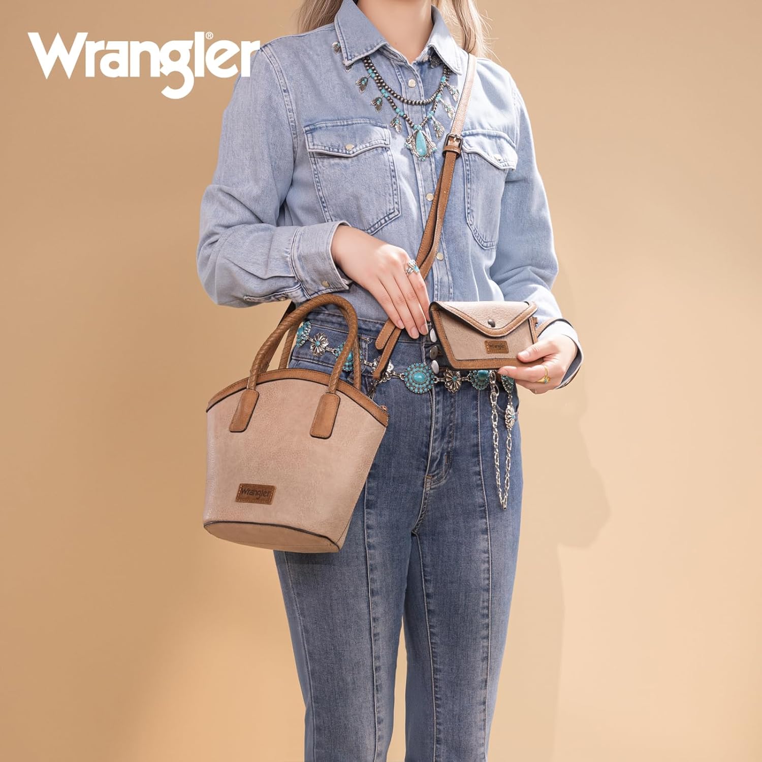 Wrangler 2 Pcs Small Tote Bag for Women Distressed Shoulder Purse Woven Handle Crossbody Bags with Small Wallet Purse