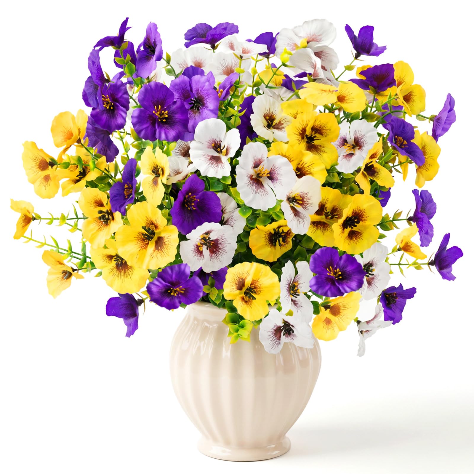 12 Bundles Artificial Fake Pansy Flowers Outdoor-Plastic Fake Flowers UV Resistant Faux Silk Pansies Flowers, Faux Plants for Outdoors Indoor Garden Balcony Yard Patio Window Box, Purple Yellow White — image 1