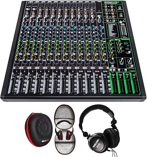 Mackie ProFX16v3 Mezclador de efectos profesionales de 16 canales con paquete USB con auriculares Tascam cerrados Pro y estuche rígido Deco Gear (3
