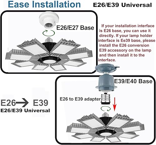 Miniatura 5 de Luz LED de alta bahía para tienda, 8 paneles de luces LED de garaje de 300 W con adaptación E26 a E39, 36000 lm de alto brillo, ideal para almacén,