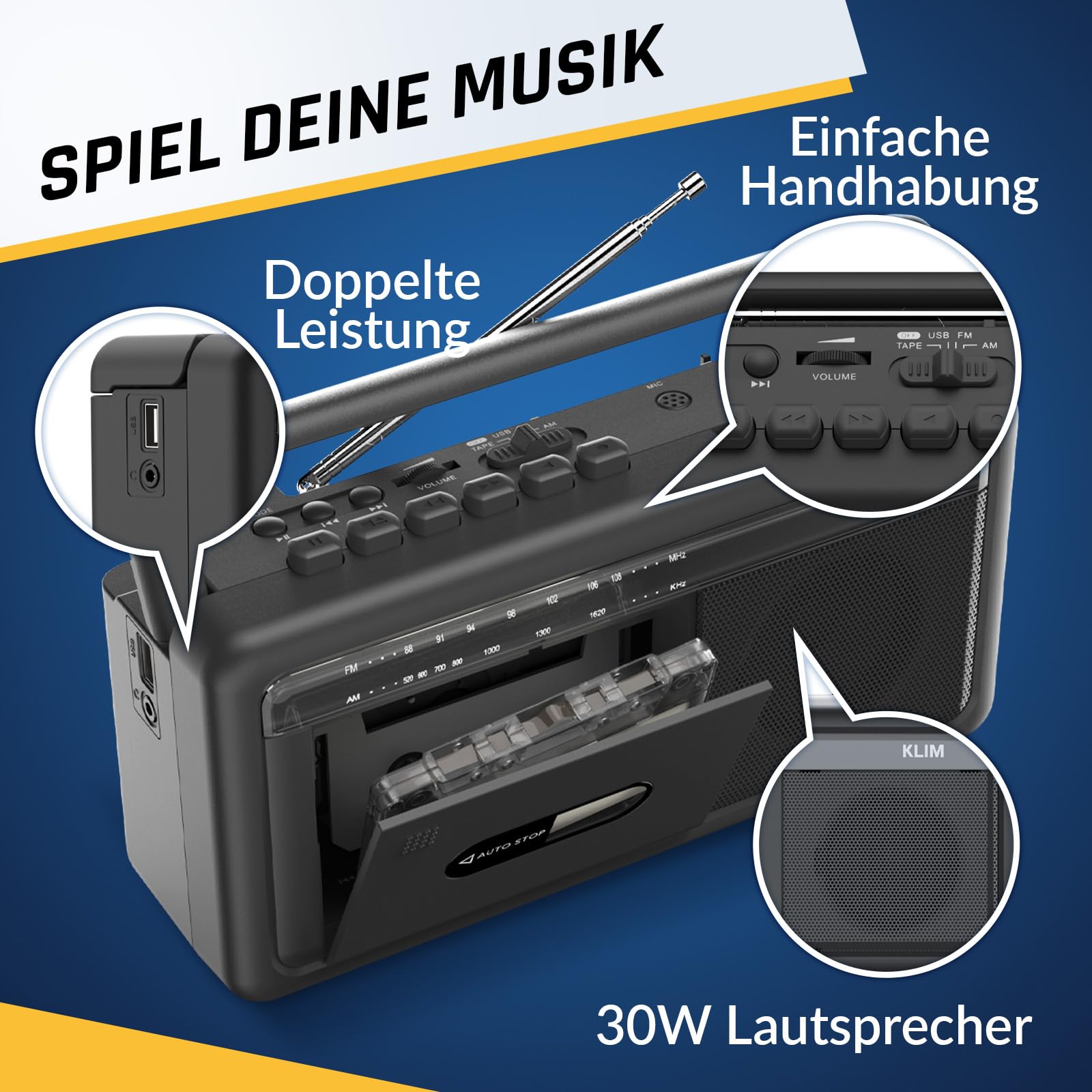 KLIM Tragbare Kassettenspieler Boombox, AM/FM Radio, Bluetooth Radio, Cassette Player & Kassettenrecorder, USB, Lautsprecher, Kopfhöreranschluss, Batteriebetrieb & Netzbetrieb - Schwarz