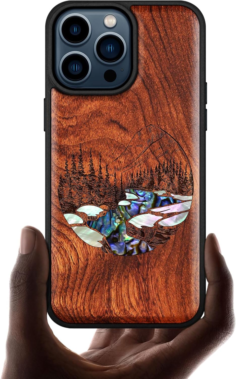 Carveit Wooden Case for iPhone 15 Pro Max Magnetic Case, Compatible with MagSafe Wireless Chargers, Shockproof Cover, Handmade Shell Inlaid & Wood Artisan Engraved (Natural Landscape) Rosy