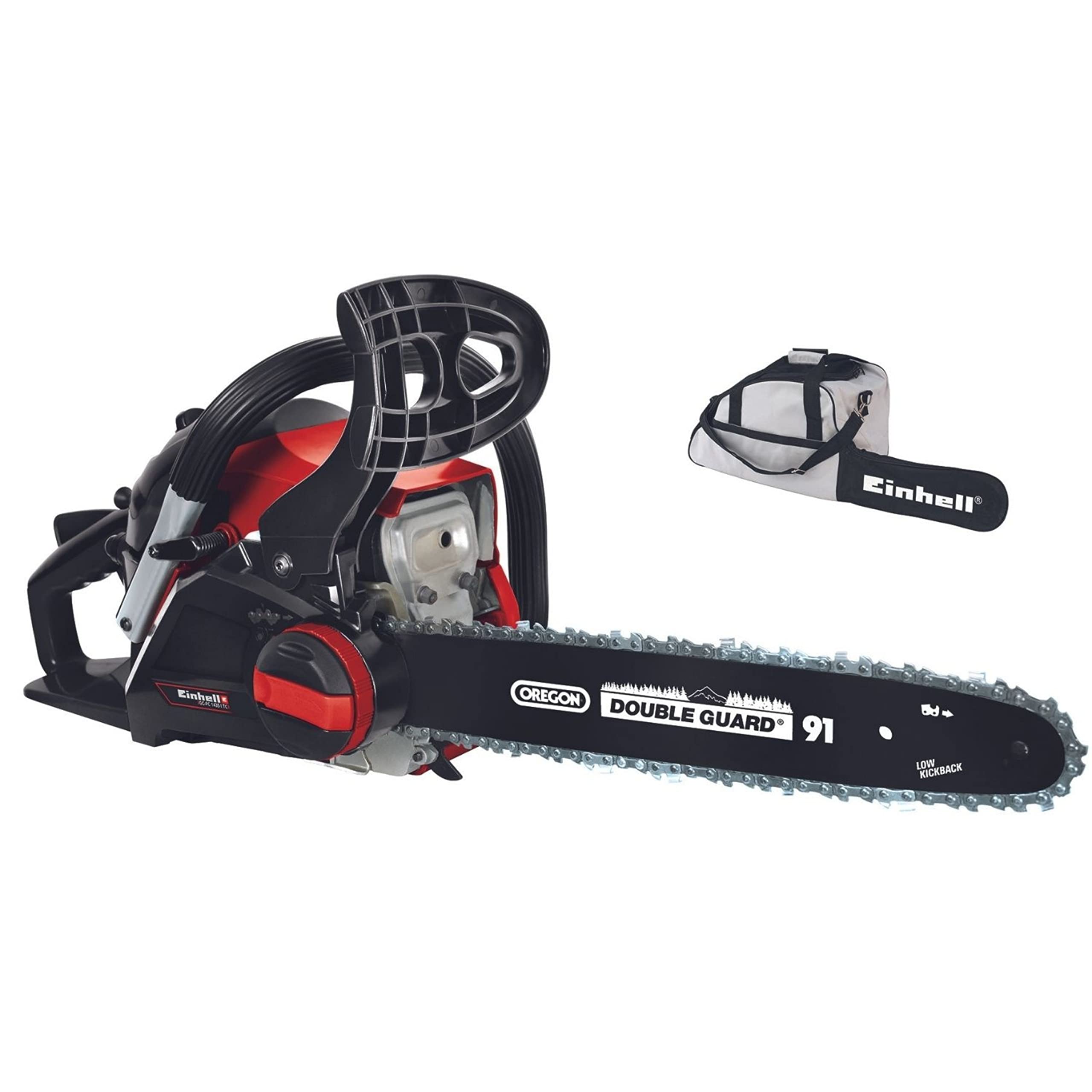 Einhell Motosierra a gasolina, Motor de 2 tiempos, refrigerado por aire, potencia 1.4 kW, gasolina 260 L, aceite 210 ml, espada 350 mm, 11000 RPM, Incluye funda de transporte, Color Rojo Y Negro