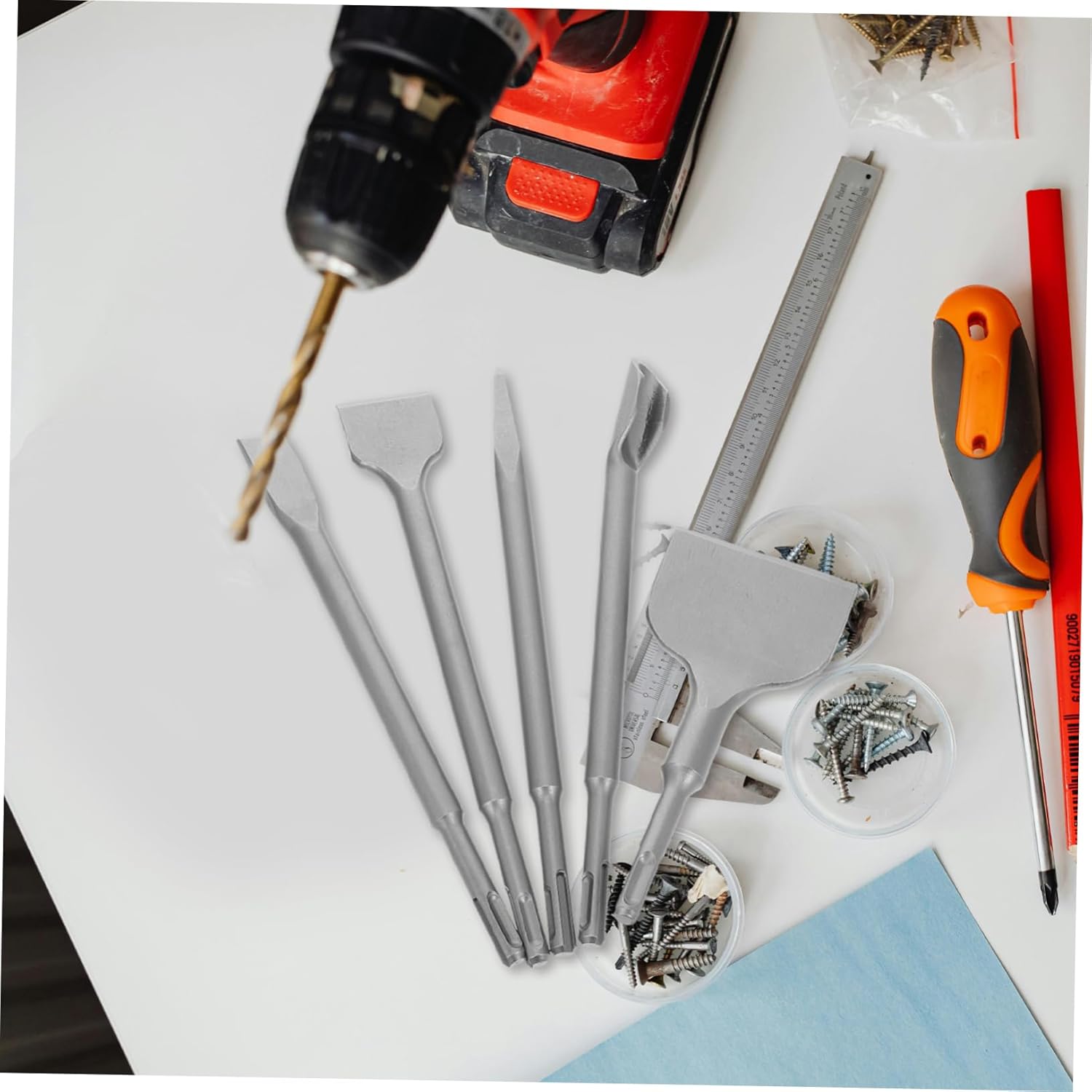 5pcs Set Concrete Chisel Set Precision Tile Remover Tool for Cement Brick and Stone Includes Wide Flat Pointed and U Shaped Chrome Construction Portable and Versatile Design