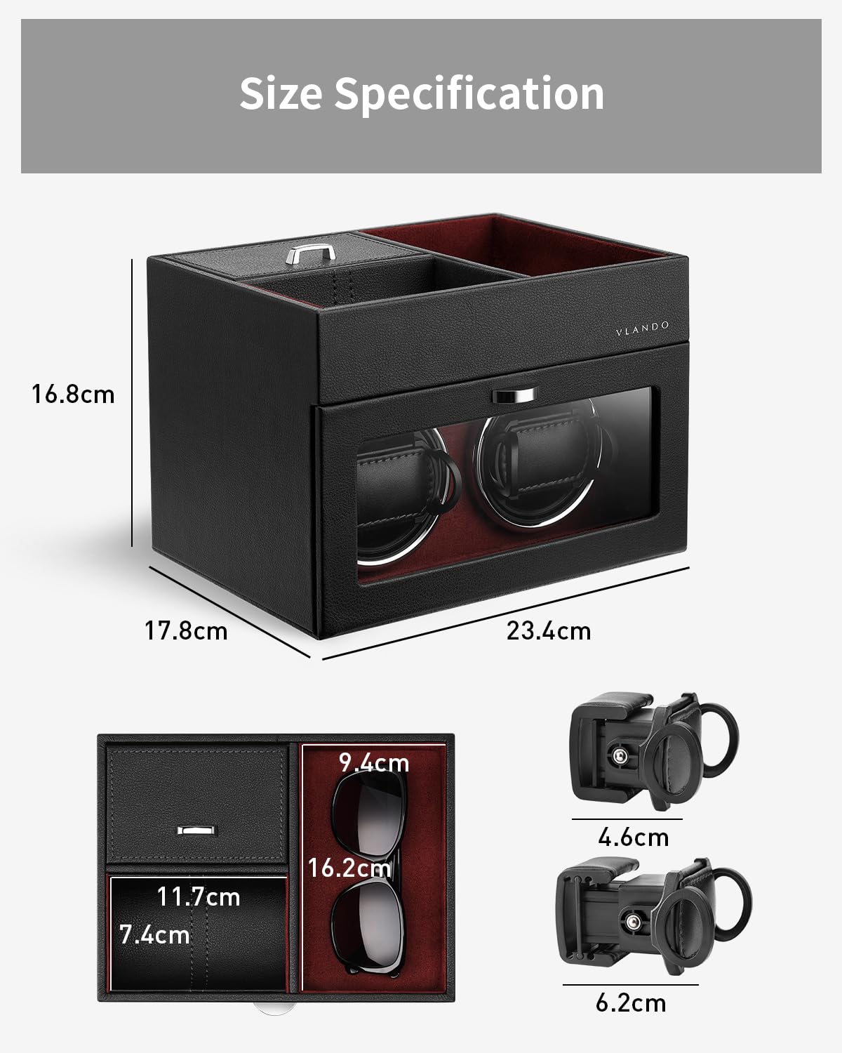 Vlando Automatische Uhrenbeweger 2 Uhren, Watch-Winder Leder mit Schmuckaufbewahrung Taschleerer, Japanischem Leisen Motoren, LED Beleuchtung, Wechselstromadapter, Luxuriöse Uhrenbeweger Box
