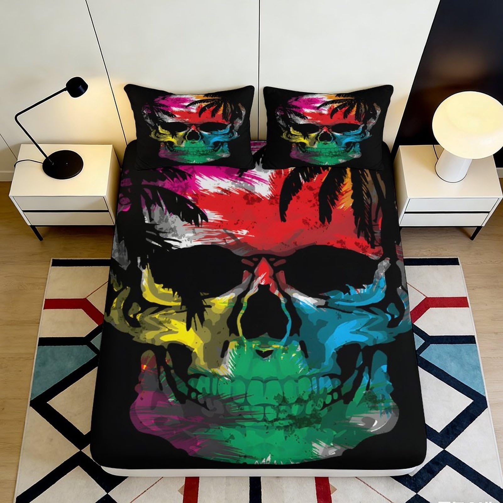 Uynsixtme Style-8 3D Printed Colorful Skull Fitted Sheet Microfiber Deep Pocket Non-Slip Bedding Skull Mattress Fitted Cover For Adults Teens 200X200x25cm