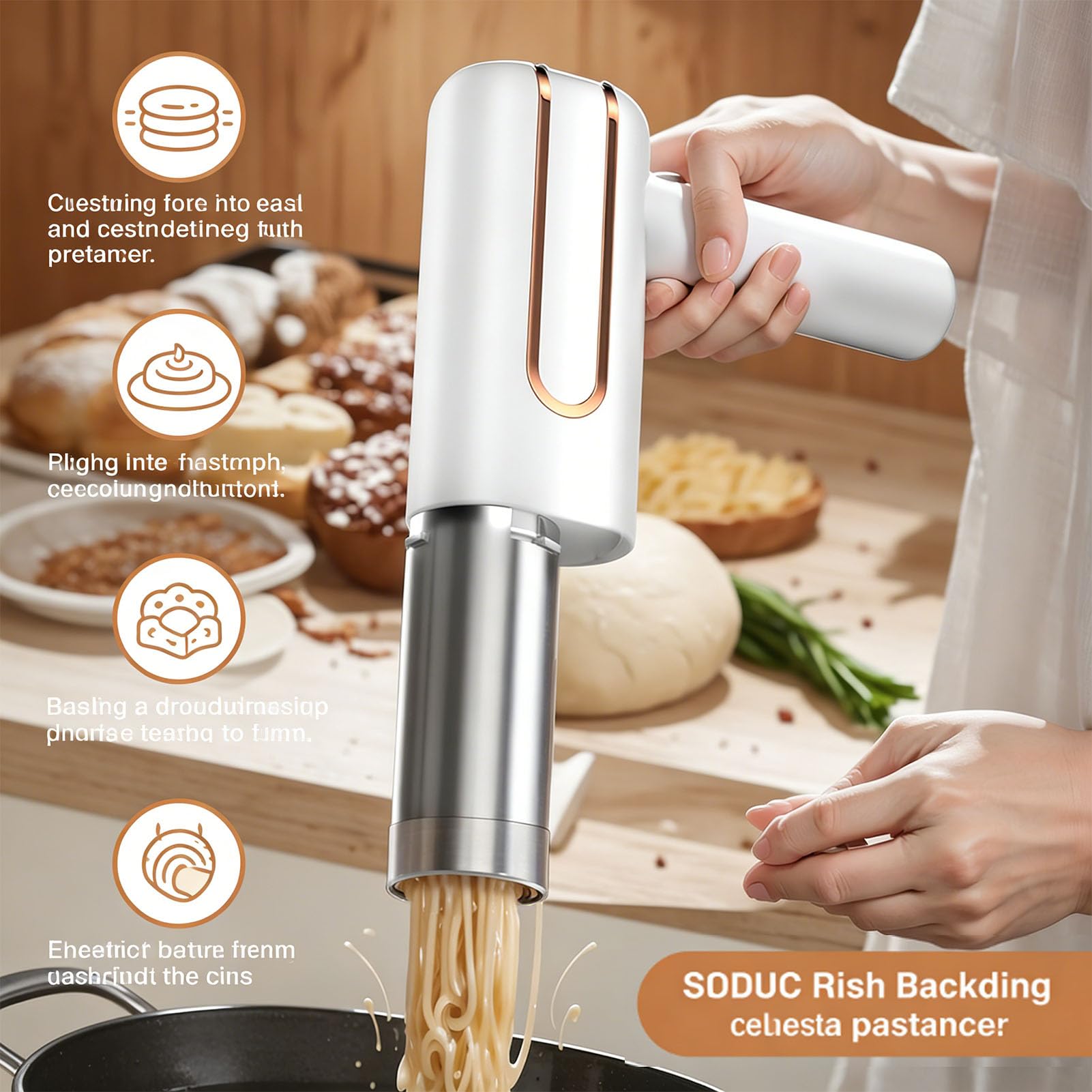 Jiawu Máquina para Hacer Pasta Eléctrica de Mano, 5 Boquillas Intercambiables, Operación Automática, Máquina para Hacer Pasta Inalámbrica, de Fideos Portátil con Espesor Ajustable para el Hogar,