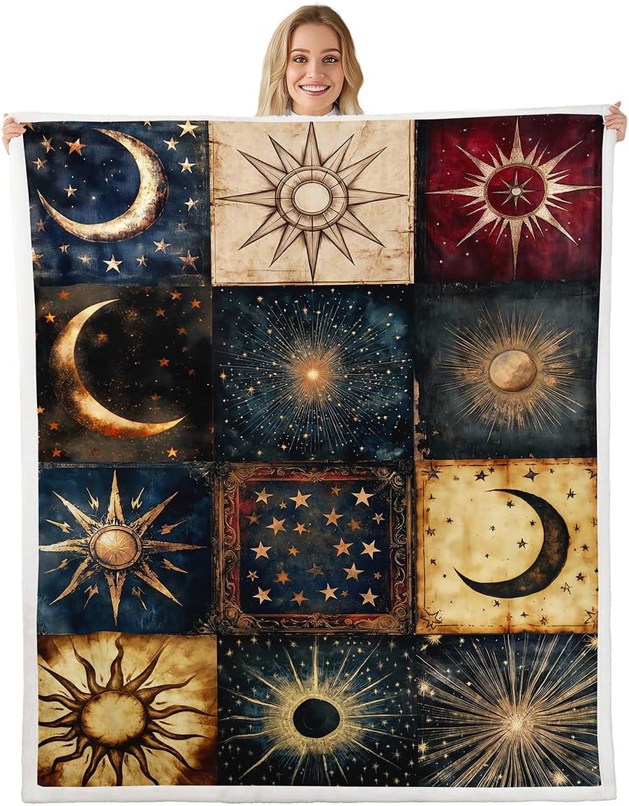 Manfei Sun Moon Flannel Fleece Throw Blanket 60"x80" Boho Style Exotic Fuzzy Blanket for Sofa Couch Starry Galaxy Patchwork All Season Bed Blankets Plush Blankets,Navy Gold
