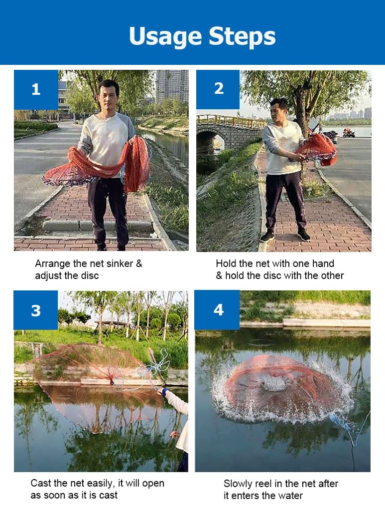 Retino da pesca in acqua salata for principianti, altezza 9,8-16,4', con disco da 60 cm, rete da lancio monofilamento for esche da pesca for fiumi