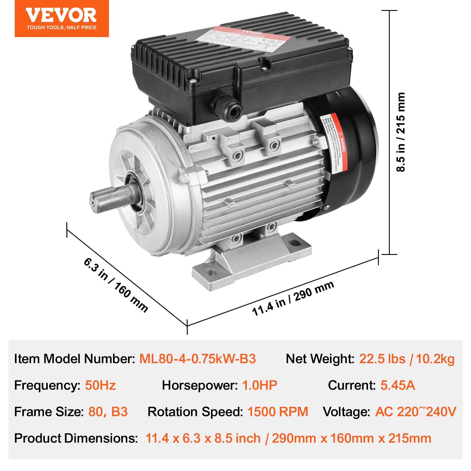 VEVOR Motor Eléctrico 0.75 kW 1400 RPM, CA 220~240 V 5,45 A, 80, Marco B3, Motor de Compresor de Aire Monofásico, Eje con Llave 19 mm, para Maquinaria Agrícola y Equipos Generales, 290 x 160 x 215 mm