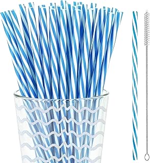 50PCS Reusable Drinking Straws for Summer Beach Pool Birthday Party Supplies Decorations - ExtraThick Hard Blue Striped Plastic Straw for Holiday Tropical Luau Theme Party Favors Decor,Dishwasher Safe