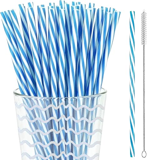 50 Reusable Drinking Straws for Summer Beach Pool Birthday Party Supplies | Dishwasher Safe 9" Extra Thick Hard Blue Striped Plastic Cocktail Straw for Holiday Tropical Luau Theme Party Favors Decor