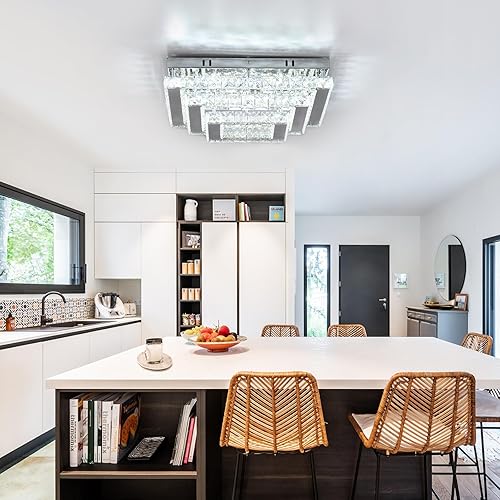 Miniatura 5 de Finktonglan Lámpara de techo LED cuadrada de cristal, lámpara de techo moderna de 15 pies, lámpara de techo de 3 niveles para sala de estar, comedor