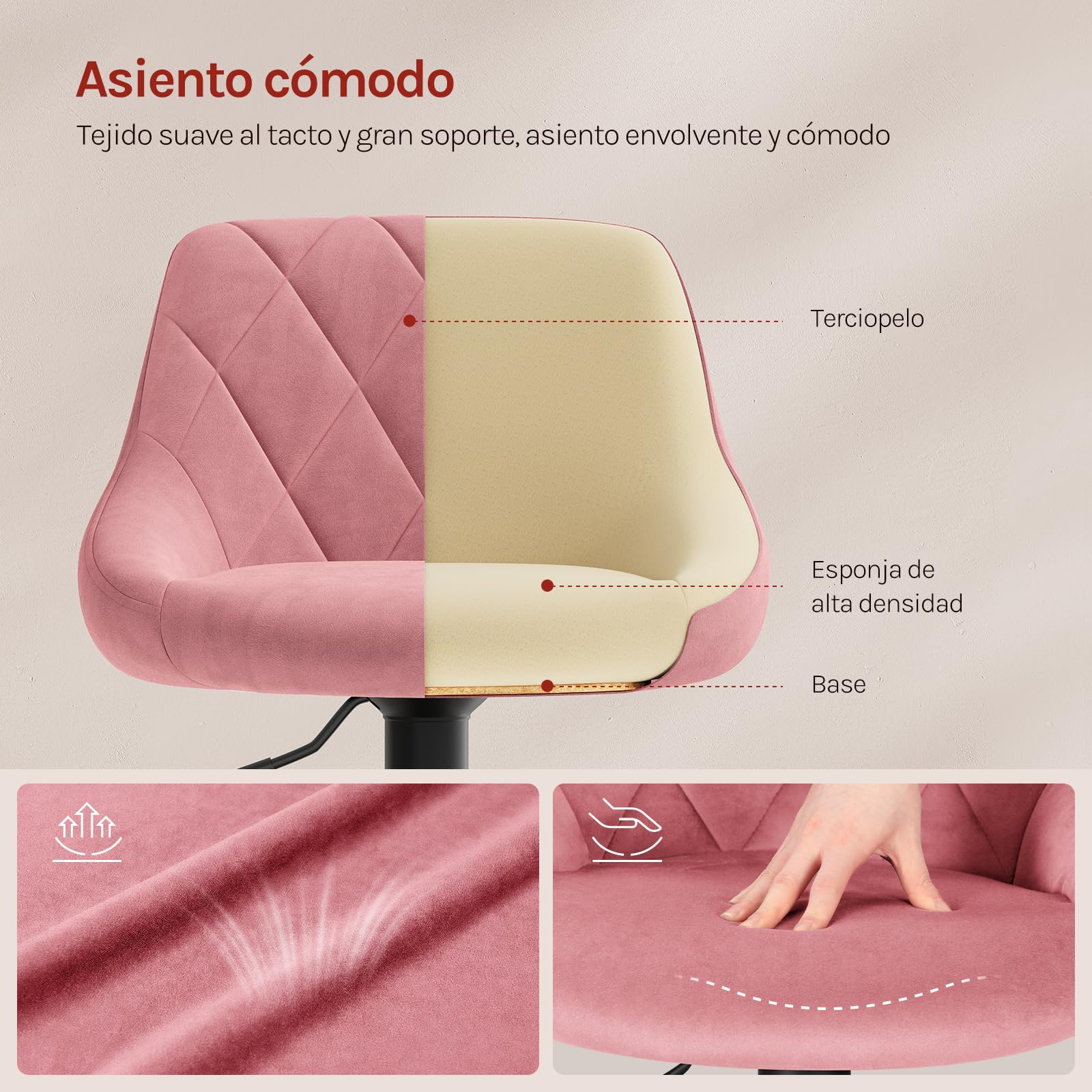 WOLTU 4X Taburetes de Bar Terciopelo Regulable en Altura, Rosa