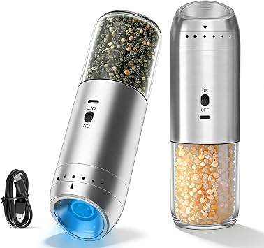 Electric Salt and Pepper Grinder Set, Automatic Enlarged 176ml Mill 2 Pack, Gravity-Sensing, Rechargeable Pepper Grinder, Stainless Steel, 6 Adjustable Coarseness, Kitchen Gadget Accessories