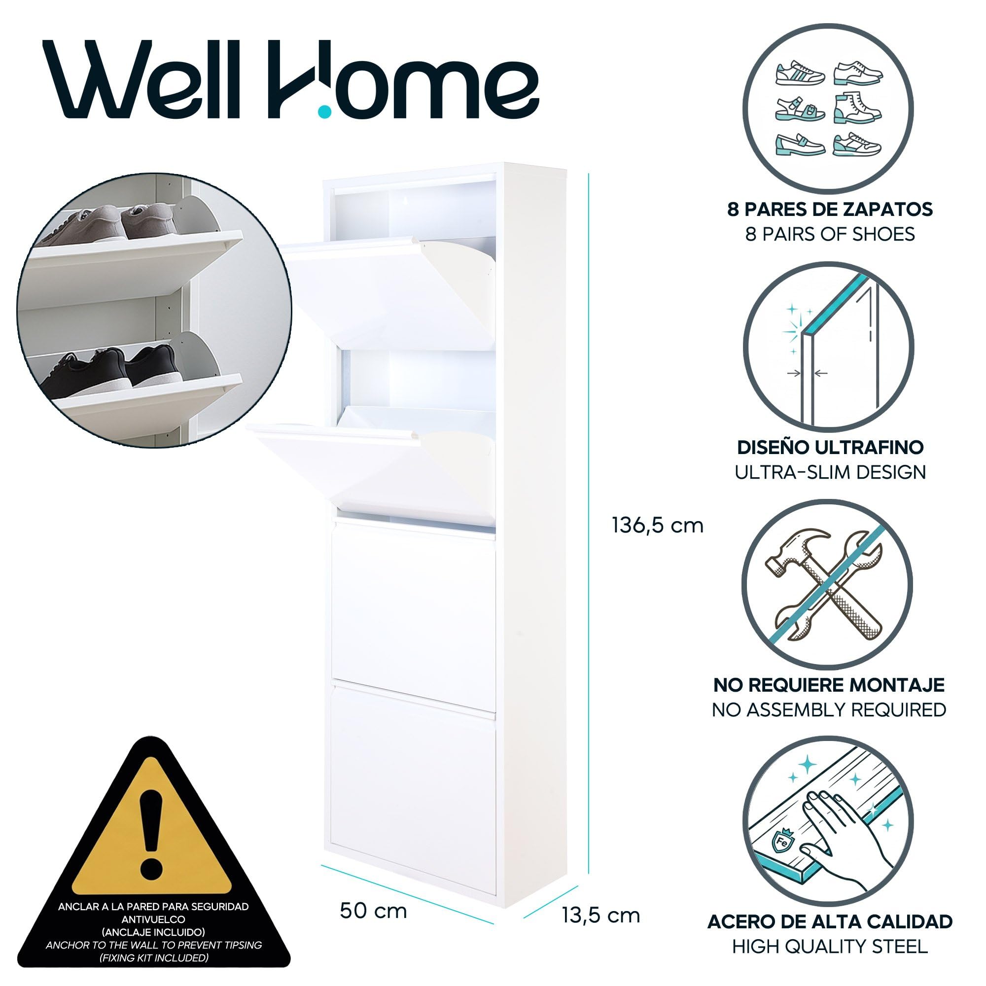 Mueble Zapatero Estrecho para Recibidor y Pasillo – Armario Zapatero Abatible de 4 Puertas con Balda Ajustable, Capacidad 8 Pares, Sistema Antivuelco y Diseño Slim (13,5 x 50 x 136,5 cm), color Blanco