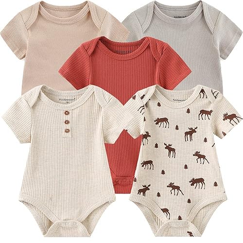 Kiddiezoom Newborn Baby Unisex Cotton One-Piece Bodysuits Baby Gift 5-Pack Baby Clothes - Redcoffee - 0-3 Months
