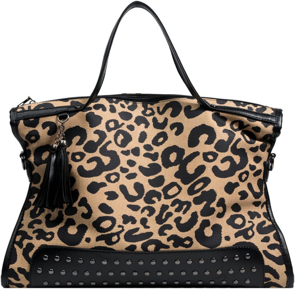 Oversized Leopard Purse,Women Studded Tote Handbags Animal Printing Punk Large Shoulder Bags Hobo Tassel Rocker Rivet