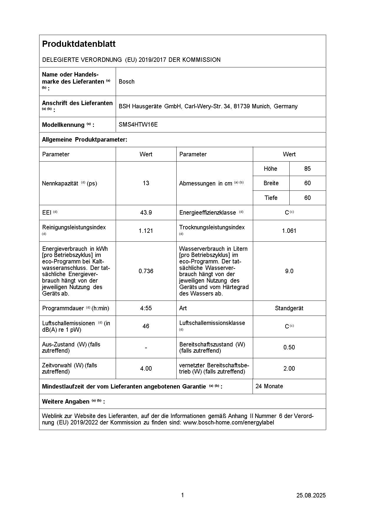 Bosch SMS4HTW16E Serie 4 Freistehender Geschirrspüler, 60 cm, Smart Start, 3-fach Rackmatik, Aquastop, Ferndiagnose, Extra Trocknen, Vario Besteckkorb, EcoSilence drive, Weiß