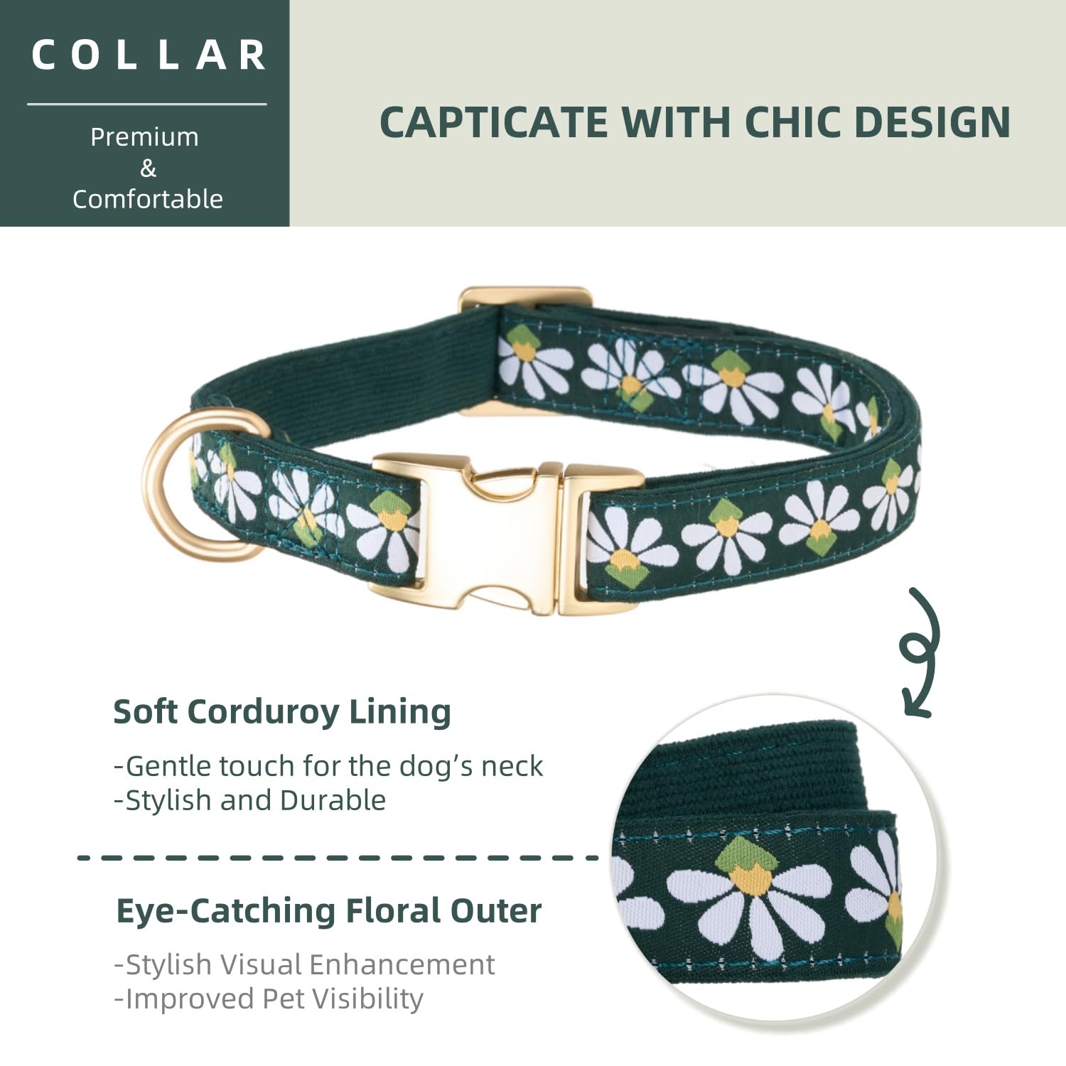 Petiry Woven Dog Collar with Metal Clasp-Chic Floral Patterned,Comfort Corduroy for Medium Male Dogs Neck 31-49cm,Green - Image 3