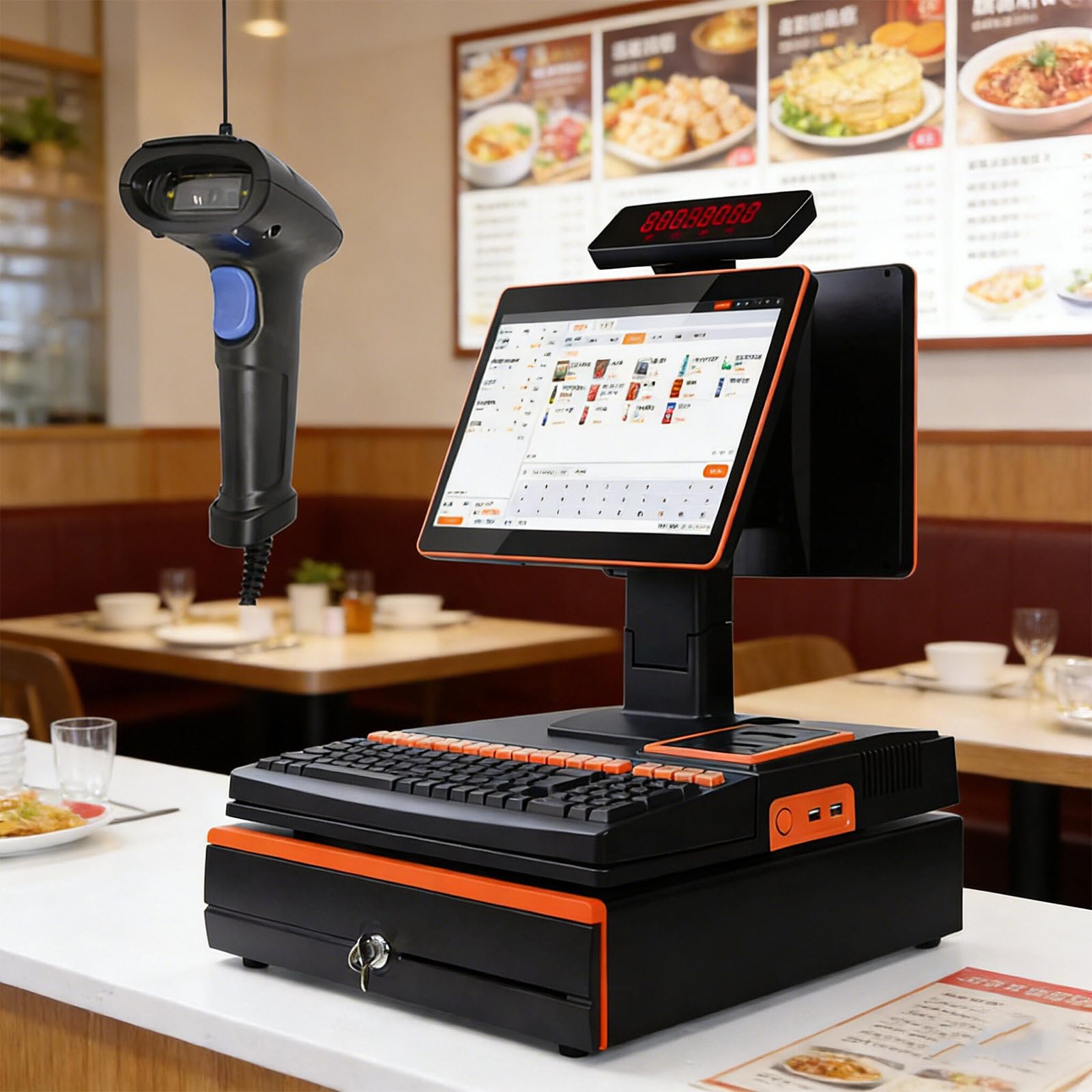 Tpv Tactil Hosteleria,Caja Registradora con Ticket,15,6" Doble Pantalla,Impresora Térmica,Escáner Portátil,Gestión Pedidos,Pago Cobro,Restaurante/Bar,Comerciantes Dual-128GB